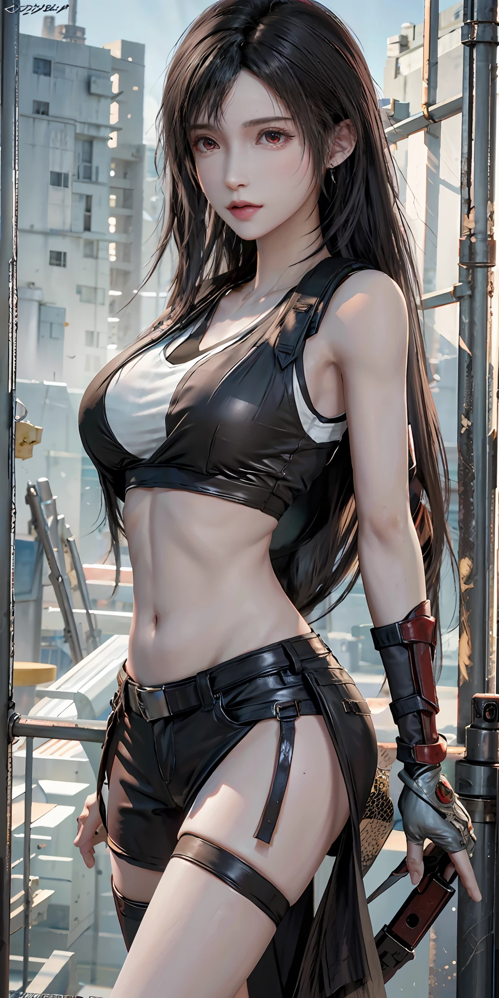 photorealistic, high resolution, soft light,1women, solo, hips up, (detailed face),tattoo, jewelry, tifa lockhart, red_eyes, black hair, long hair