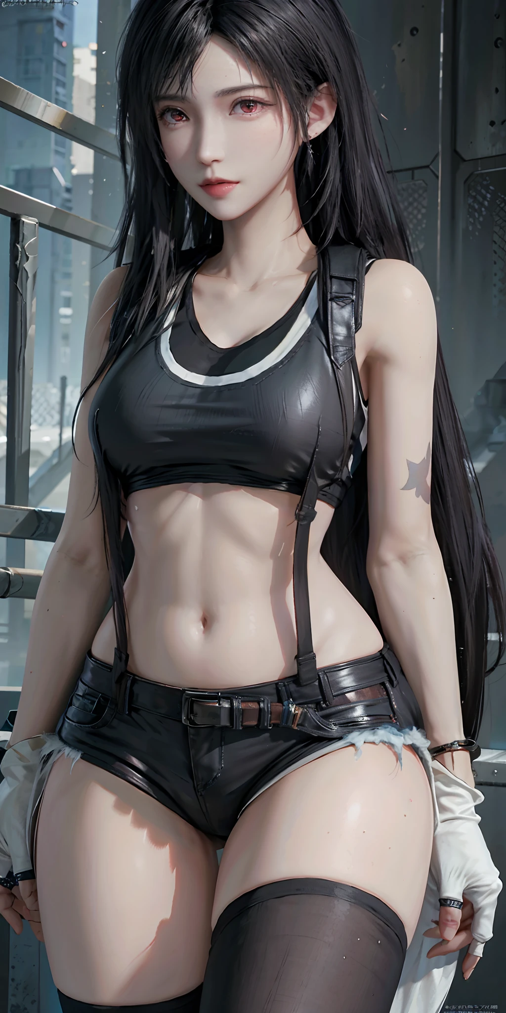 photorealistic, high resolution, soft light,1women, solo, hips up, (detailed face),tattoo, jewelry, tifa lockhart, red_eyes, black hair, long hair