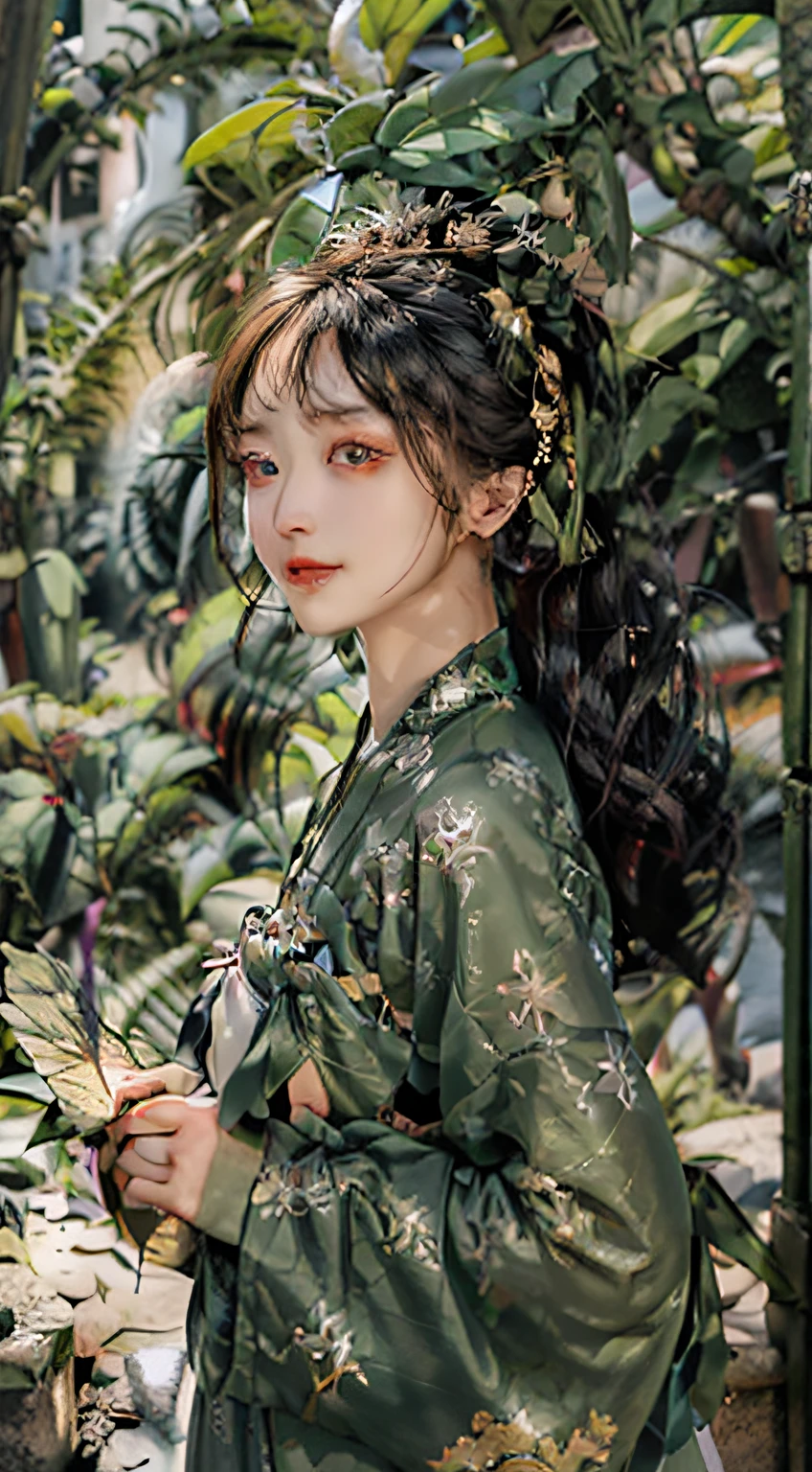 (RAW Photo, Best Quality), (Realistic: 1.3), Best Quality, Highly Detailed, Masterpiece, Hyperdetail, Illustration, 1 Girl, upper_body, Dynamic Angle, World Mastery Theater, messy_long_hair, Best Quality, Extremely Detailed CG Unified 8k Wallpaper, Ink, Breathtaking, Cinematic Light, lens_flare, gufeng_style, Fantastic Big Eyes, Green Clothes, Tang Dynasty Hanfu, (Heavy makeup: 1.2), (Fan: 1.2), (laughs), (Gold leaf), Monstera, Bamboo, Sony main shot