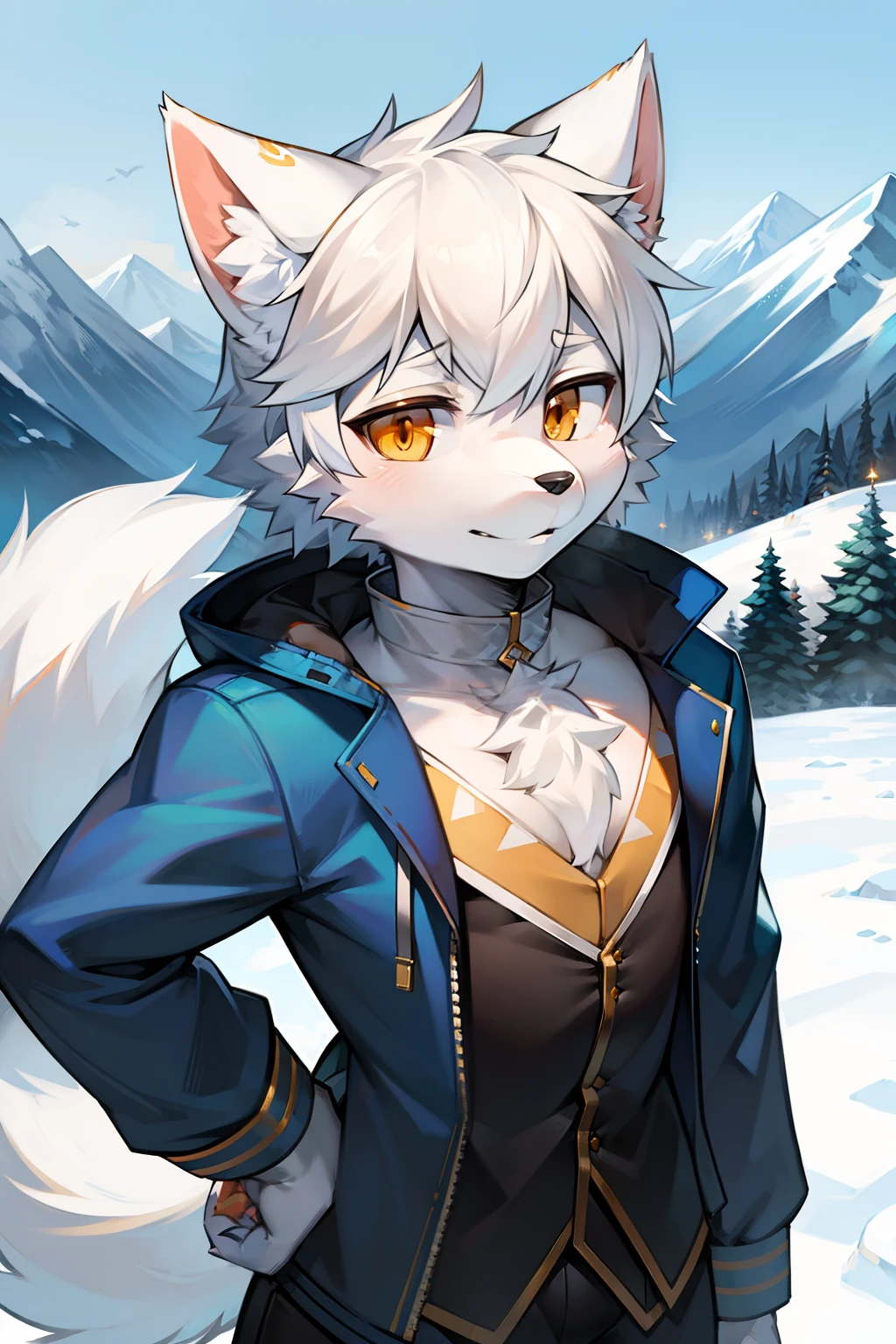 Snowy mountains Snow，full bodyesbian,Young Wolf,人物,tmasterpiece，Blue down jacket,Furry tail,Highest image quality,8K,Full HD background，Cartoony，adolable，komono，male people，a plush，Furry，White fur，White body，blue ear，Orange-yellow eyes，solo person, Wolf tail, Wolf ears, ((half-body portrait)),Soft lines，Soft lines of clothing