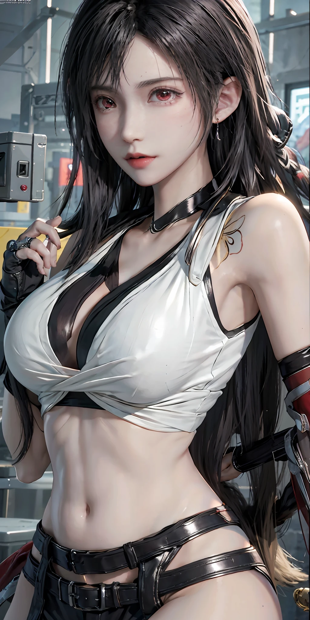 photorealistic, high resolution, soft light,1women, solo, hips up, (detailed face),tattoo, jewelry, tifa lockhart, red_eyes, black hair, long hair