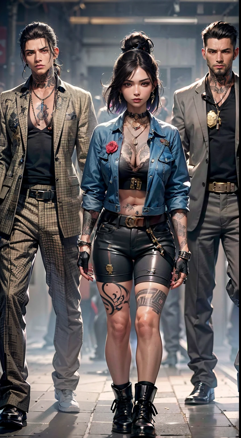 American street gang leader， A group of gang members stood behind，angry look，Mixed Chinese and American races，The background is blurred out，focal，电影灯光，(((tmasterpiece))), ((best qualtiy)), ((Complex and detailed)), ((ultra-realistic realism)), Ridiculous resolution, A MILF, Mature woman, ssee-through, highly  detailed, illustratio, 1girll, (mediuml breasts), Thin waist and thick hips，long leges，beatiful detailed eyes, short detailed hair, brunette color hair, a purple eye, (Gangster suit:1.2),jewelry，耳Nipple Ring，Bracelet，gyuru，choker necklace，seminude，stocklings，Lace，Tattooed with，tight-fitting，tattooed arms，Full of tattoos，American gangsters，Sexy and feminine，18th Street Gang，hip hop style，Almighty Latin king，（No underwear），pantiess, detailed back ground, perfect  eyes, Seductive eye, （nice hand），Detail hands，looking at viewert，From the front，Wear light，Behind him stood a large group of subordinates，