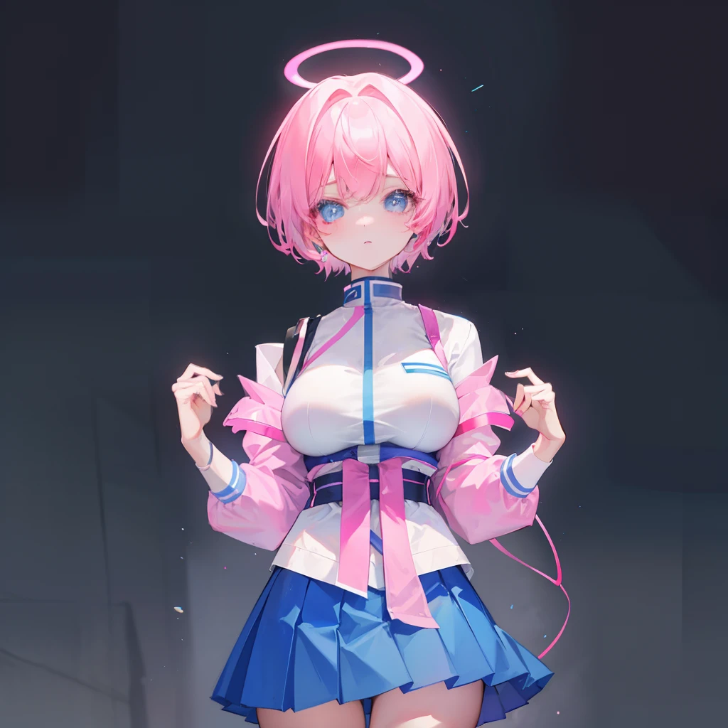 Short hair with a pink gradient blue glowing with fluorescence,Breast enlargement and thin waist are very sexy,Wearing a Korean high school uniform for female high school students and a pleated skirt, she is fluorescent,Clothes are not exposed,This is a cute, cute, lively and lively beautiful girl