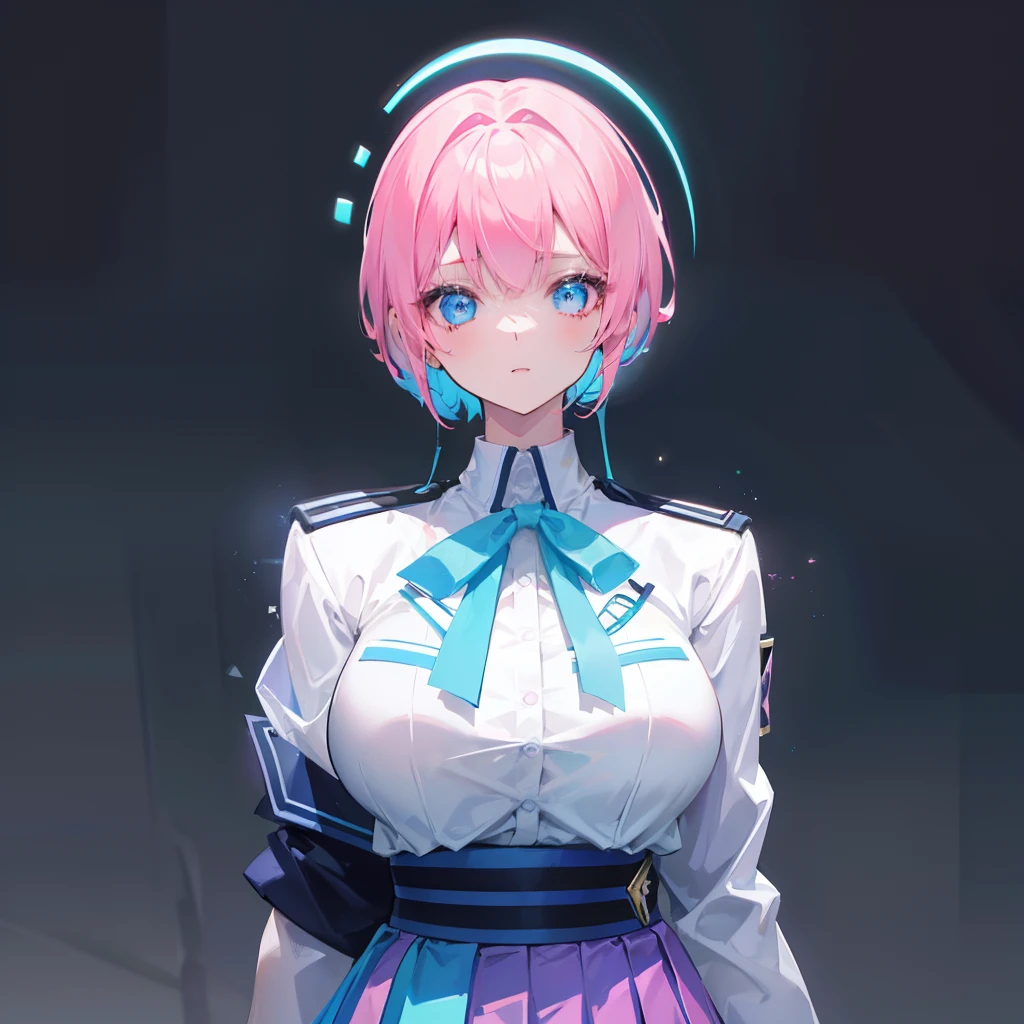 Short hair with a pink gradient blue glowing with fluorescence,Breast enlargement and thin waist are very sexy,Wearing a Korean high school uniform for female high school students and a pleated skirt, she is fluorescent,Body parts are not exposed,This is a cute, cute, lively and lively beautiful girl