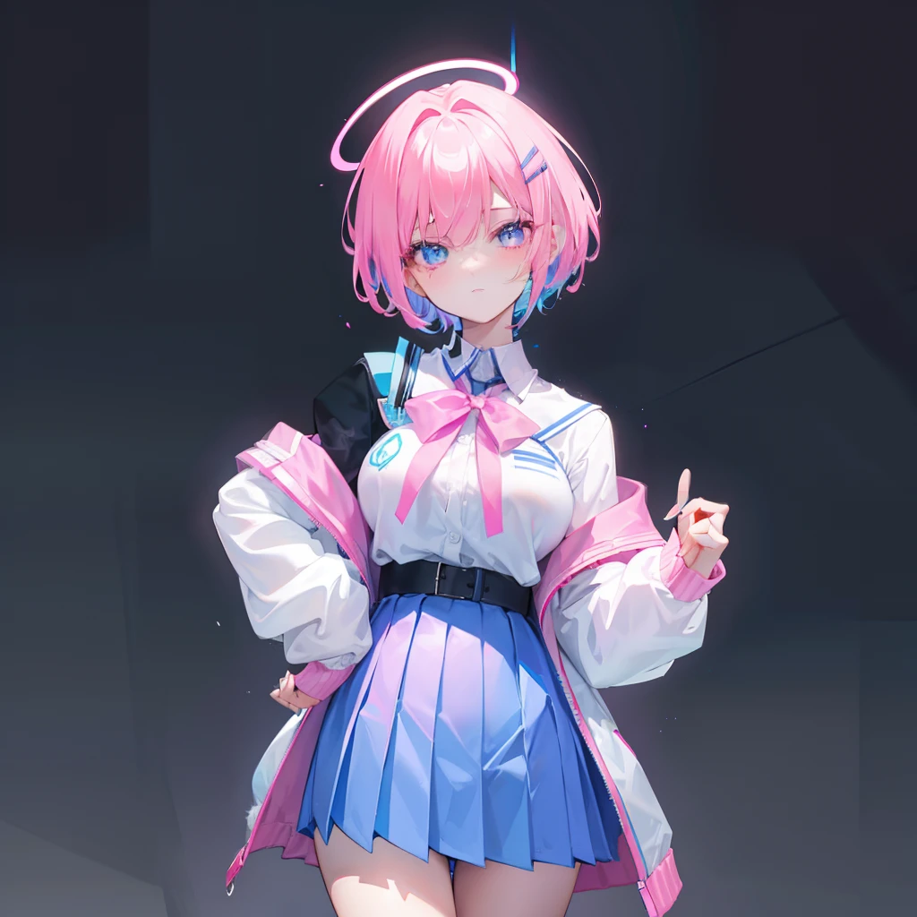 Short hair with a pink gradient blue glowing with fluorescence，Breast enlargement and thin waist are very sexy，Wearing a Korean high school uniform for female high school students and a pleated skirt, she is fluorescent，Body parts are not exposed，This is a cute, cute, lively and lively beautiful girl