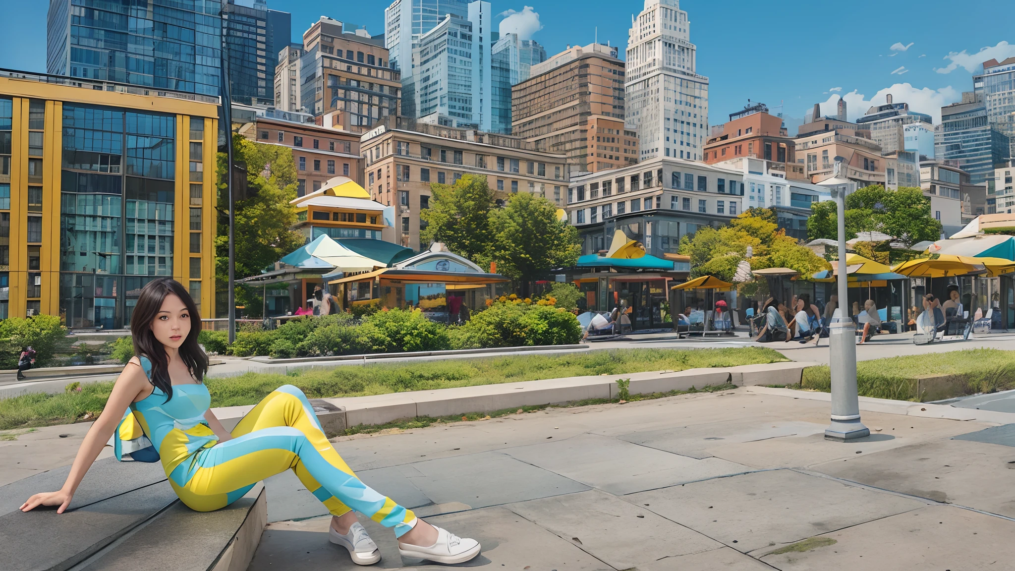 woman sitting on a bench in a city park with buildings in the background, in style of joel meyerowitz, in the middle of the city, in a city square, sitting on a miniature city, floating over a city sidewalk, with yellow cloths, very artistic pose, in the middle of new york, standing in a city center, artistic pose, in the city