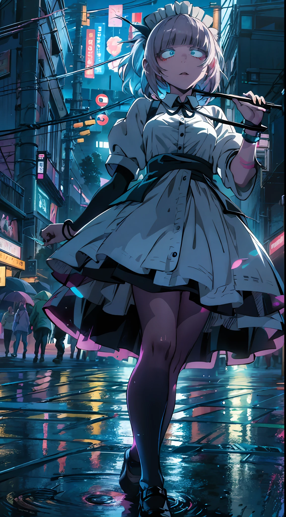 night, colorful cyberpunk city background, rain, street, maid girl, Nazuna Nanakusa,yofukashi no uta, blue eyes, shining eyes, black stockings, backlit, glow, looking up audience, low angle lens, looking up lens, perfect composition, perfect light and shadow delicacy, 8k