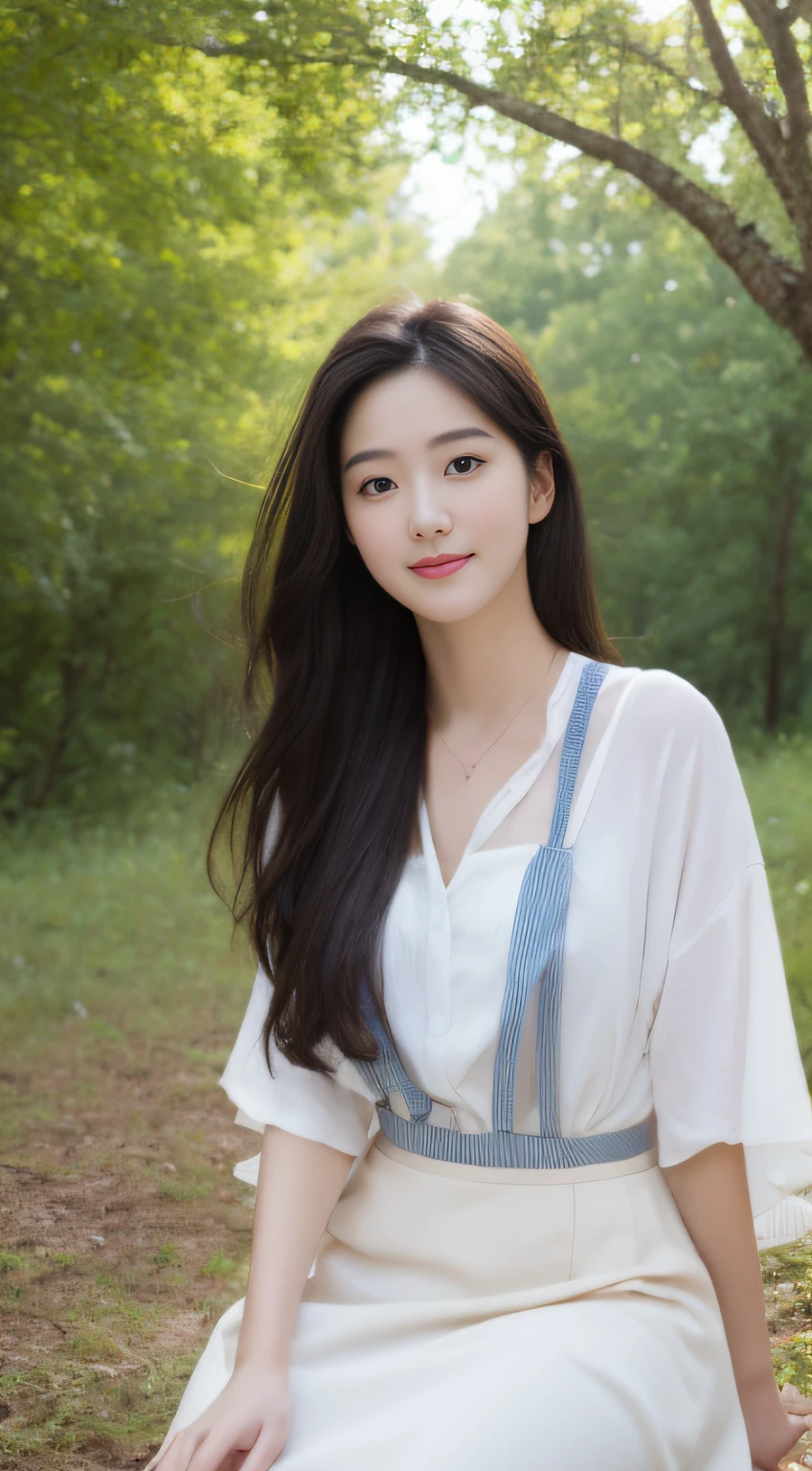 A beautiful and cute girl, full body photograph, extremely beautiful and delicate, Black hair, sweet smile, delicate beautiful fair skin, realistic and realistic, Exquisite and perfect facial features, detailed facial portrayal, high nose bridge, flowing silky hair, extremely delicate hair, Soft temperament, face light, Tall, thin, Real, Hyper Real, full-body lens, Front tilt angle, ultimate picture quality, highest precision, accurate and perfect human body structure. The blue sky and white clouds, Sitting in the woods, The blue sky and white clouds, sunlights, (suspenders, Long Skirt) The panties are clearly visible.