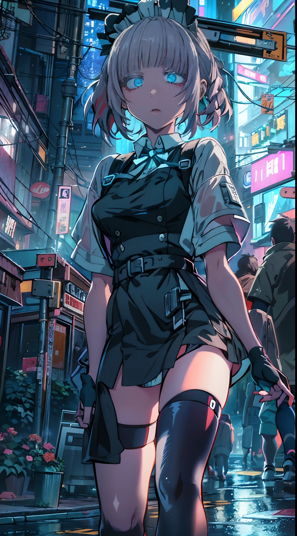 night, colorful cyberpunk city background, rain, street, maid girl, Nazuna Nanakusa,yofukashi no uta, blue eyes, shining eyes, black stockings, backlit, glow, looking up audience, low angle lens, looking up lens, perfect composition, perfect light and shadow delicacy, 8k