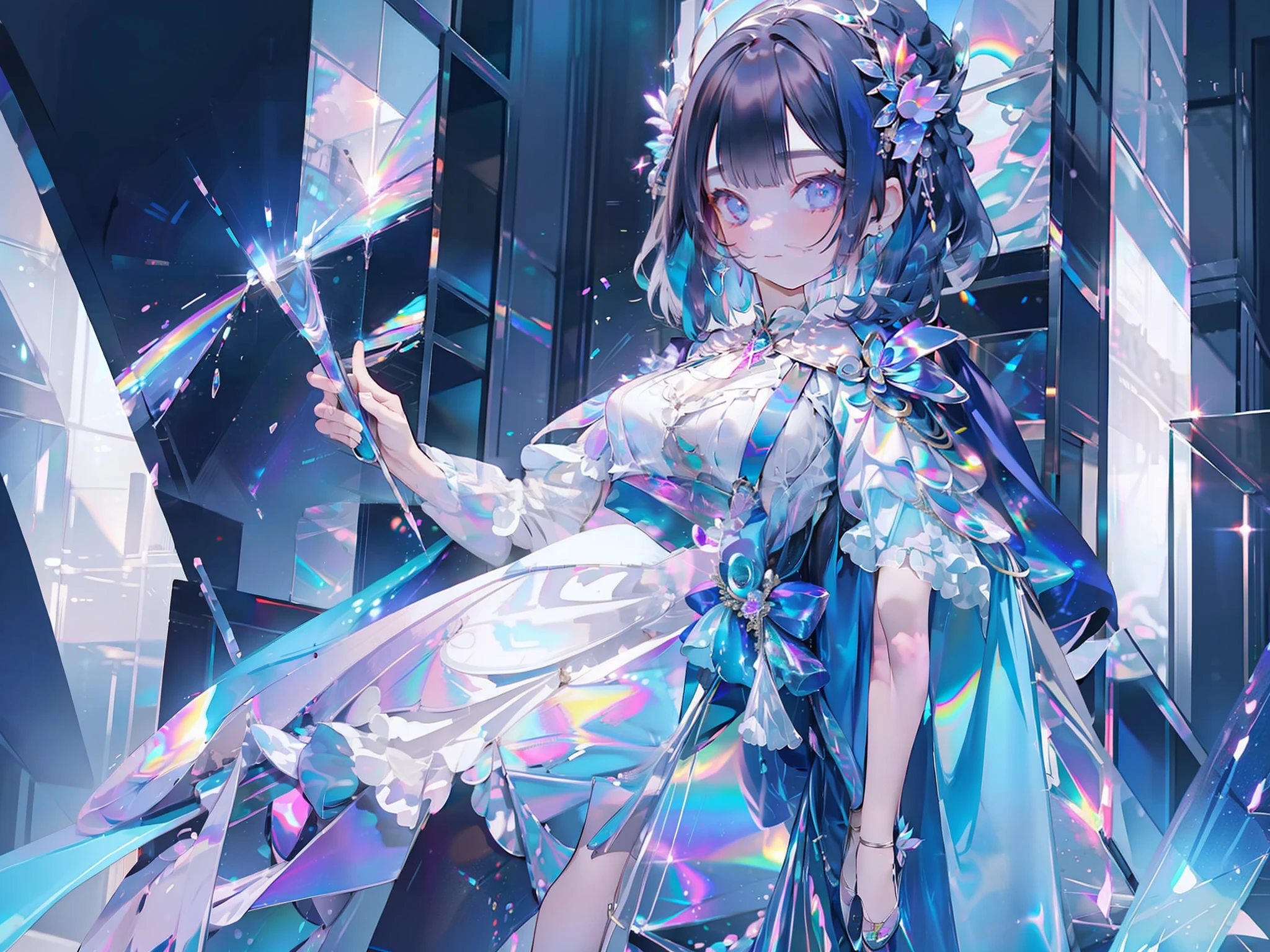 1girl, holding a vase of metallic material with colorful texture, the vase is holding mystical and magical flowers that glow in an elusive teal aura, (masterpiece:1.2, best quality), the girl is holographic clothing,(((holographic cape))), tight fantasy armor with silver metal detailing with swirls and floral pattern, ((dark blue hair with rainbow gloss)) big mystical eyes that shine like jewels, big crystals all over the house, she is inside a mage's lair full of mysterious artifacts that shine with power, (intricate details, depth of field, intense focus), digital illustration, beautiful, holographic, holo details, holographic shiny suit, powerful aura, mystic, mythical, dramatic scene, movie