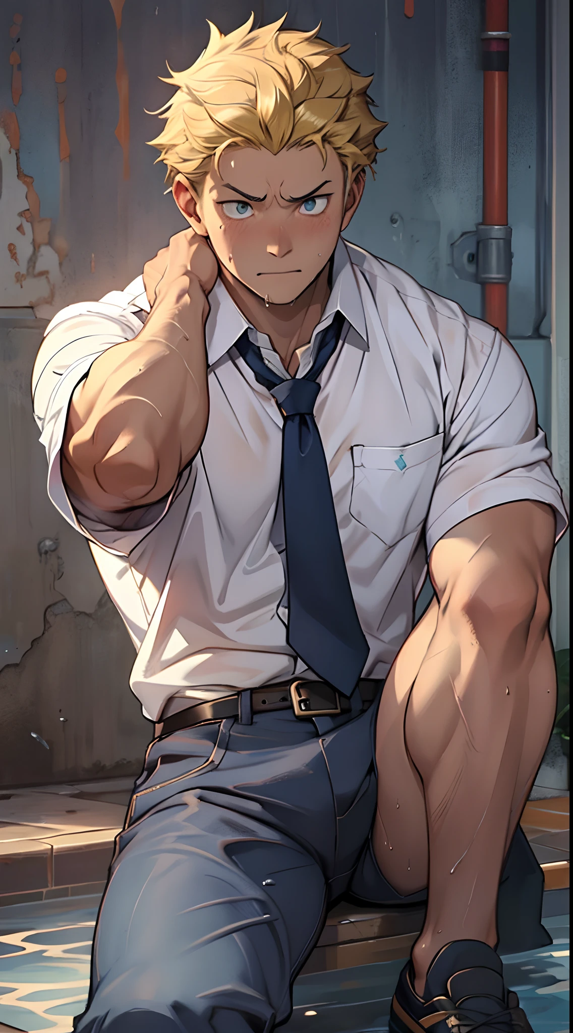 (1 Adult male),A high resolution, Sharp focus, Pixiv masterpiece, ((Complicated details)), highly detailed, natsuki_subaru, 1 man,perfect male figure,Urine on the trouser leg, Nervously bow your head,is shy,embarressed,exhilarated,is shocked,panicking,worry,A pool of urine formed around him,Very eager to pee,Unbearable,Wet yourself,Urine discharge,full bodyesbian,sit astride,Tired,decadent, blue color eyes(eyes glowing), Short yellow hair,white shirt,Wear a tie,Wear a belt,trousers,perspire,Drenched,Get wet,pissing,urine flows down the pants,look from down