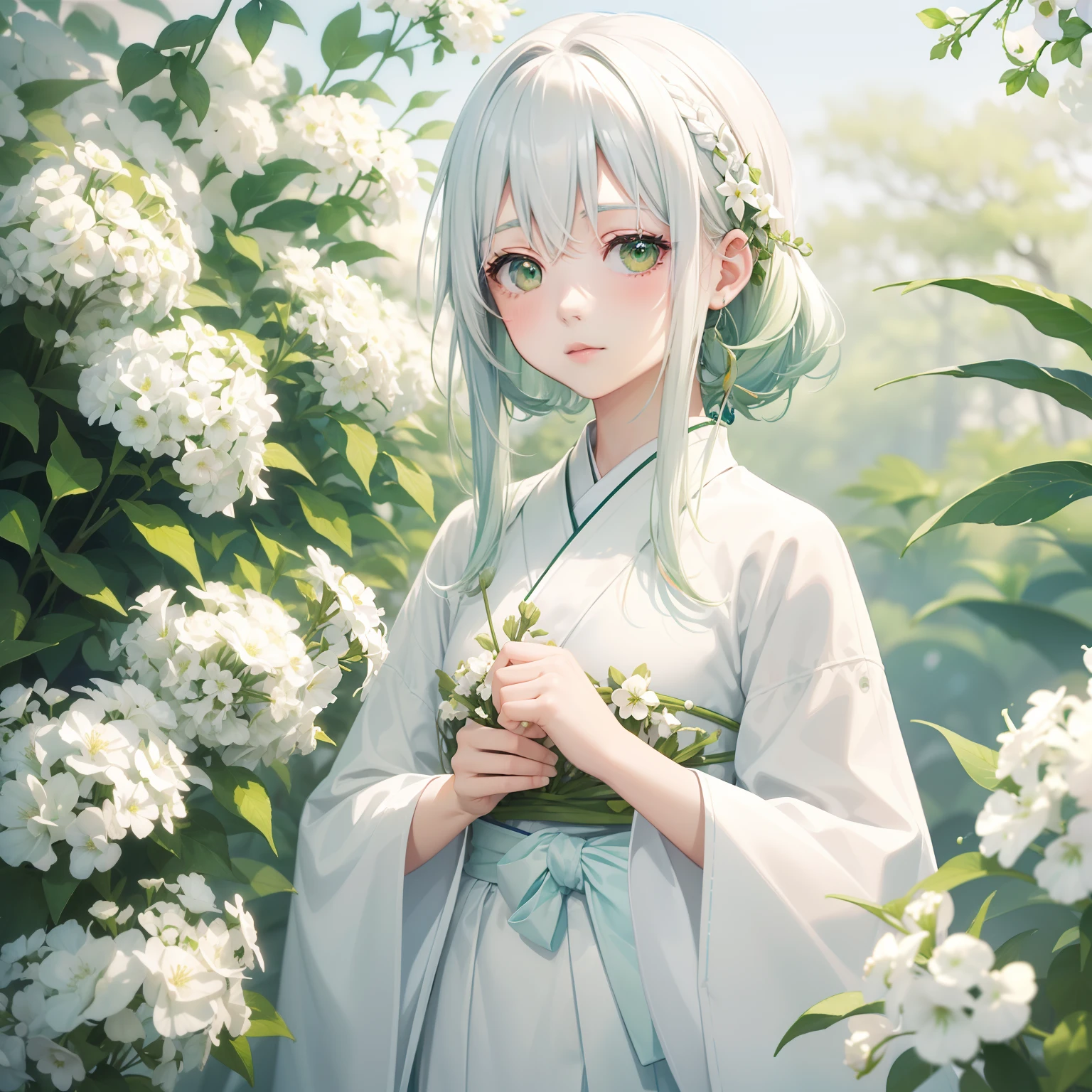 watercolor paiting(Beautifully Aesthetic:1.2)、(1girl in:1.3)、(White hair and green hair,:1.2)、natta、colourfull、starrysky、sacredness、White gypsophila flowers、White gypsophila is blooming、Fantastical、happily face、Wearing a green and white kimono、
