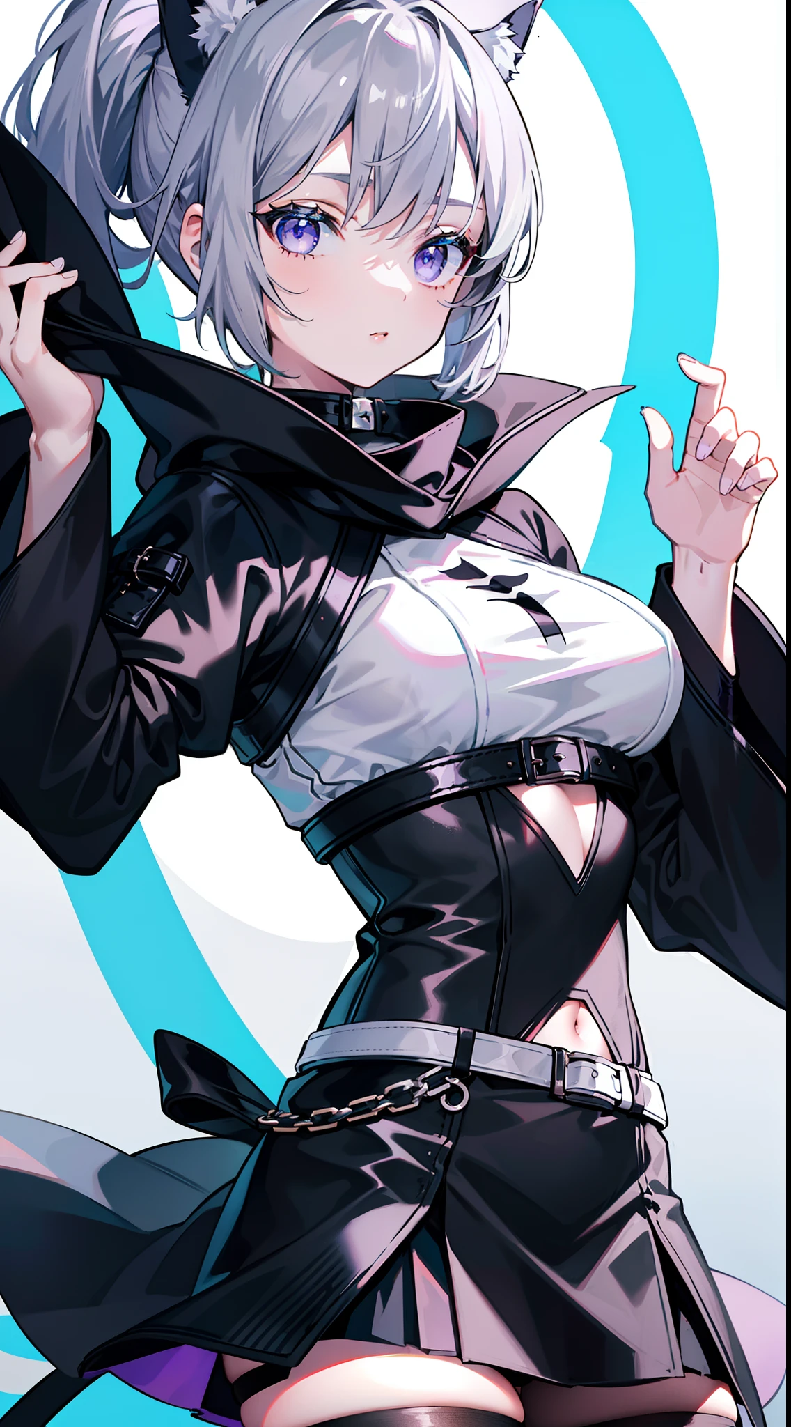 Anime, girl, long hair, hime-cut, short hair, white hair, pale blue eyes, cool, earrings, big boob, sexy-cute, full-bodied, wearing a black uniform, beautiful,