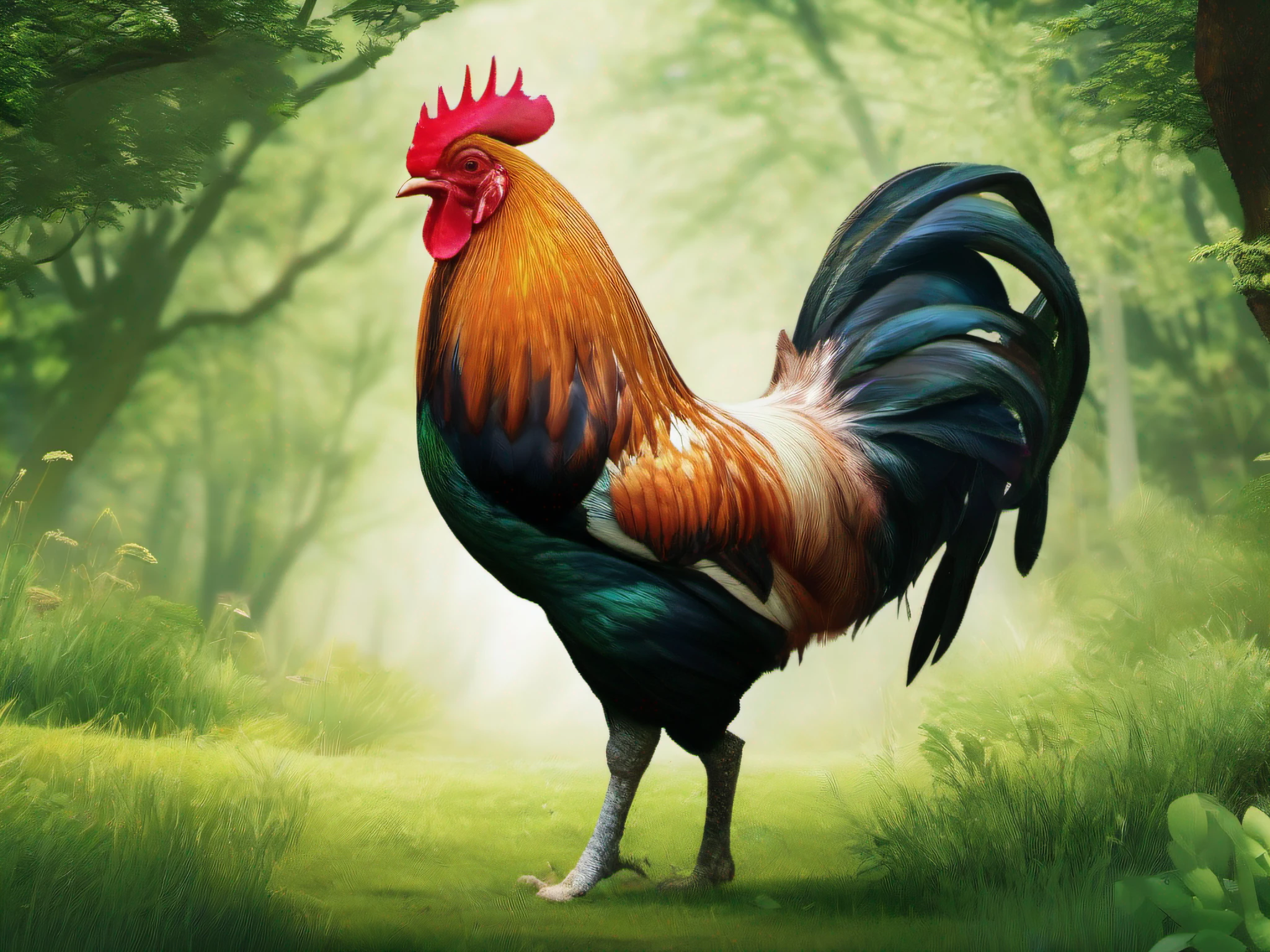 A big rooster，HD feathers、Rooster standing、Green woods in background、Grass、High-quality graphics