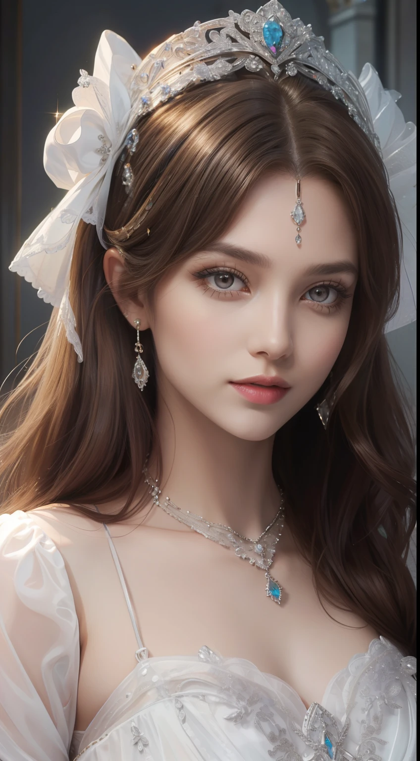 tmasterpiece,Highest image quality,Beautiful bust of a royal lady,Delicate brown hairstyle,Silver eyes are clear,Embellished with a dazzling array of intricate jewelry,super detailing,upscaled。