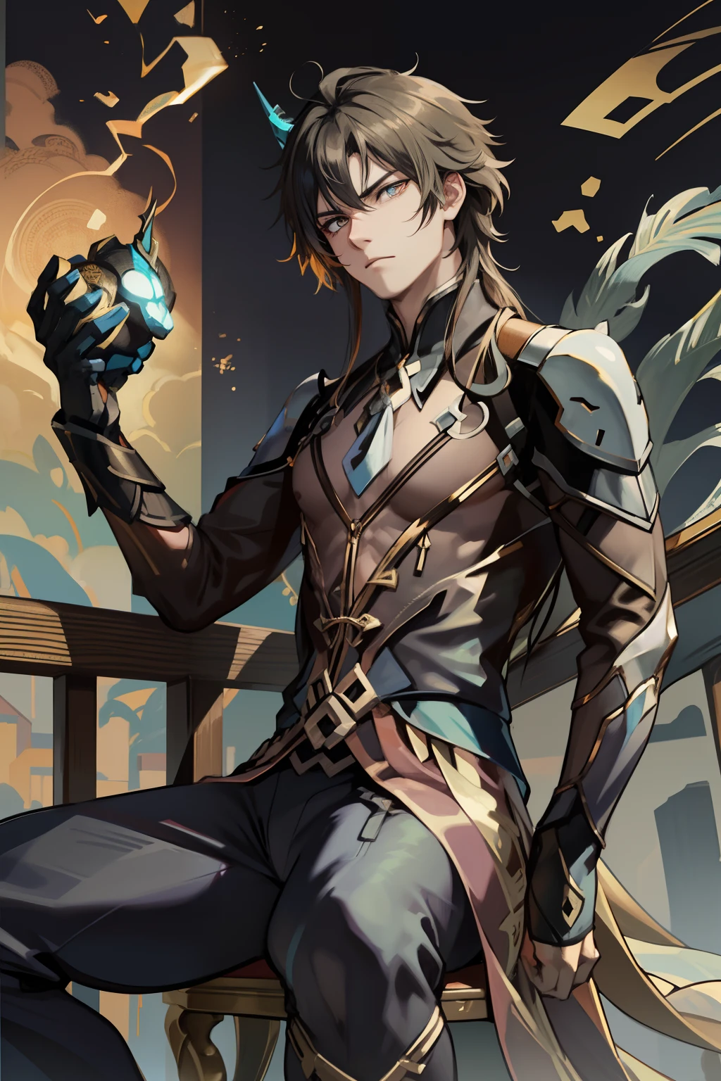 （absurderes，A high resolution，Hyper-detailing，hdr），Dragon's horn，younge boy，tmasterpiece，best qualtiy，1人，独奏，Handsome，Golden eyes，Fine eyes and detailed face，toppless，Tattooed with，arma，seated on a throne，Indifferent and arrogant，Abs，chest muscle，Raised sexy，Ruffian，Show your temperament，Male，masculine appeal，Male characteristics are distinct，Long messy hair，Arrogant，self-assured，Sitting majestically on the throne，Pondering，Legs crossed，white pantie，supreme，Lazy，Handsome，