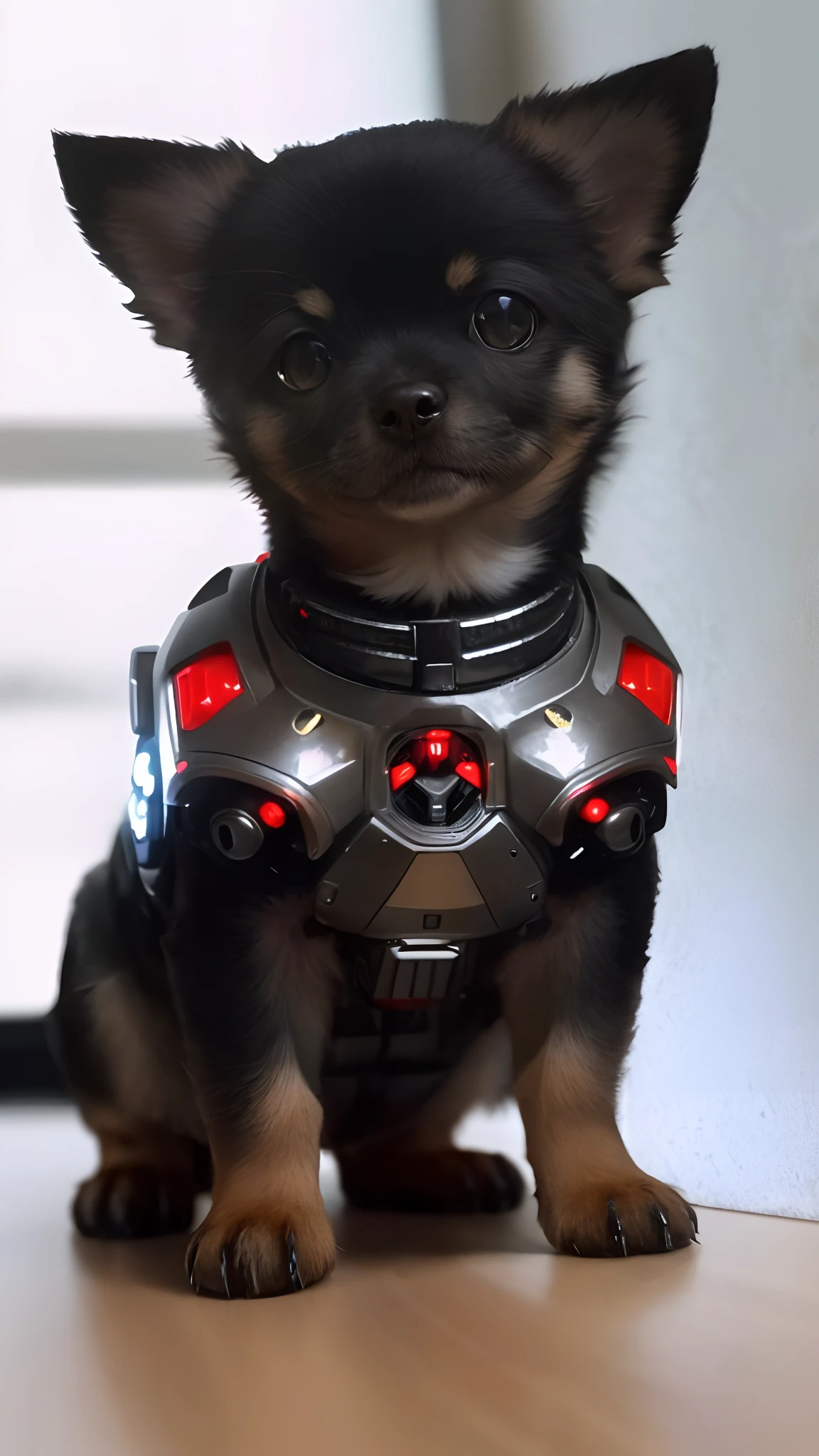 cute cybernetic chihuahua puppy, (cyborg:1.4), (intricate details), hdr, (intricate details, hyperdetailed:1.2), cinematic shot, centered, stark lighting, looking away from camera, hyperrealism hyperdetailed fur, real dog fur, accurate dog paws