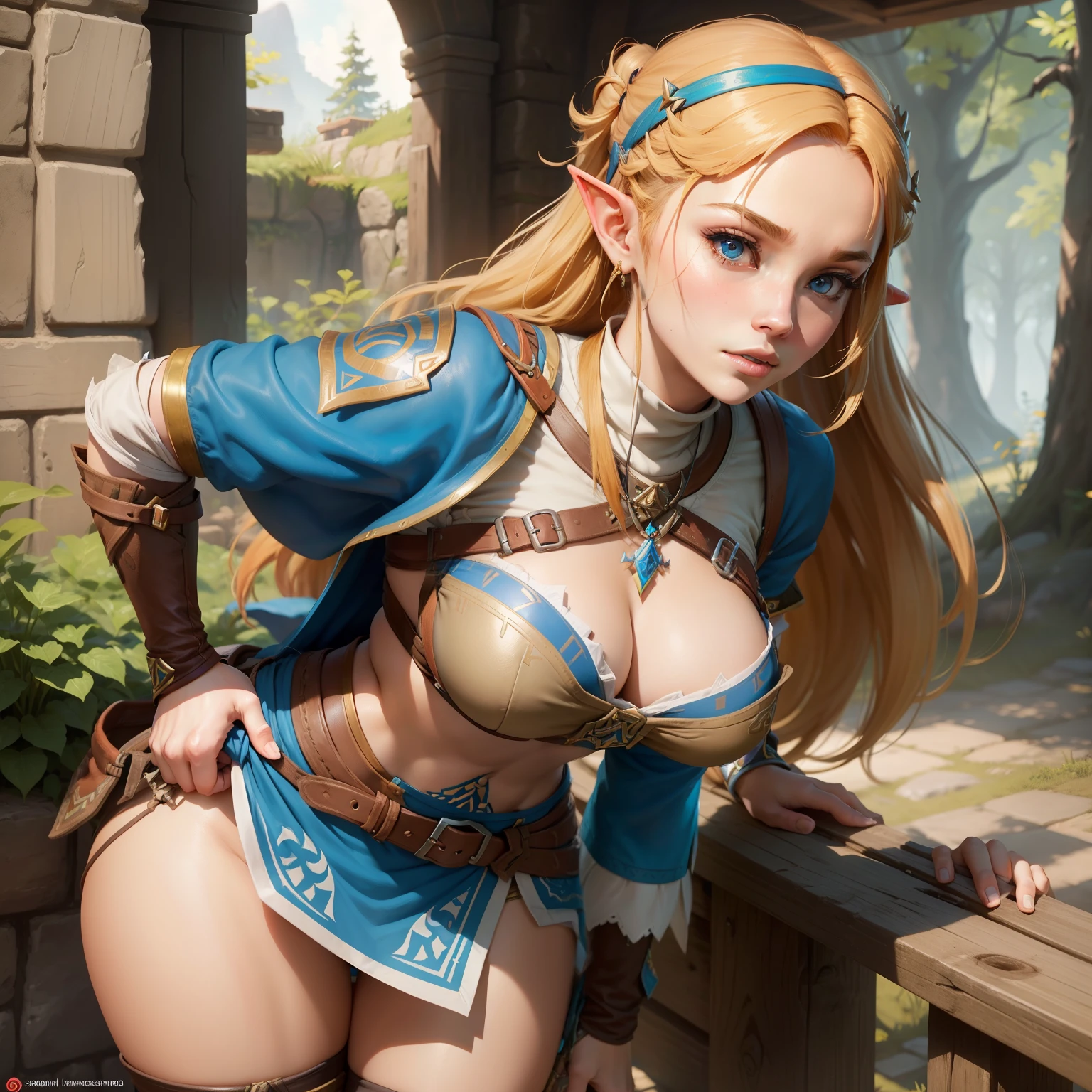 1female, 20year old, Zelda,Breath of the wild ,bent over, camera at side, hands on thighs, tight tunic, seductive facial expression, big breasts
