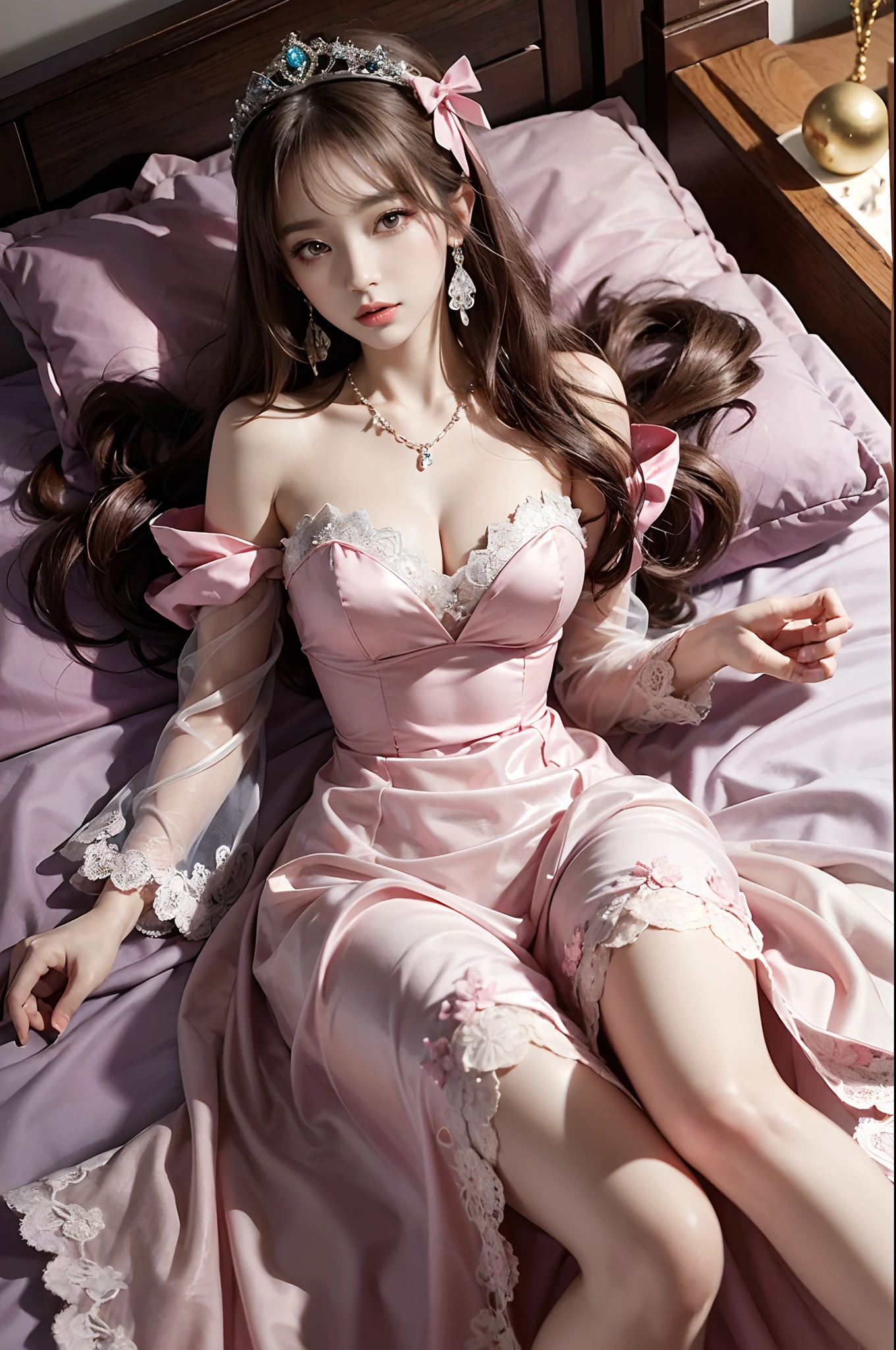 ((Realistic lighting, top quality, 8K, Masterpiece: 1.3)), Clear Focus: 1.2, 1Woman, Perfect Beauty: 1.4, Yushuxin, 1Girl, Dress, Solo, Brunette, Jewelry, Long Hair, Earrings, Bow, Pink Dress, Wood, Nature, Outdoor, Bare Shoulder, Airless Gainsboro, Long Dress, Hair Bow, Forest, Pink Bow,Strapless, Standing, Necklace, Head Tilt, Chapped Lips, Wavy Hair, Strapless Dress,Lace Sleeves, cetin dress,close-up woman in pink dress posing for photo,beautiful virgin,beautiful korean woman, beautiful princess, cute elegant pose, bell delphine, wearing pink dress, beautiful fantasy maiden, anime princess, beautiful seductive anime woman,beautiful asian girl, attractive anime girl, elegant glamorous cosplay,(lying on bed:1.8),(beautiful orb-articulated doll:1.3),luxurious princess dress