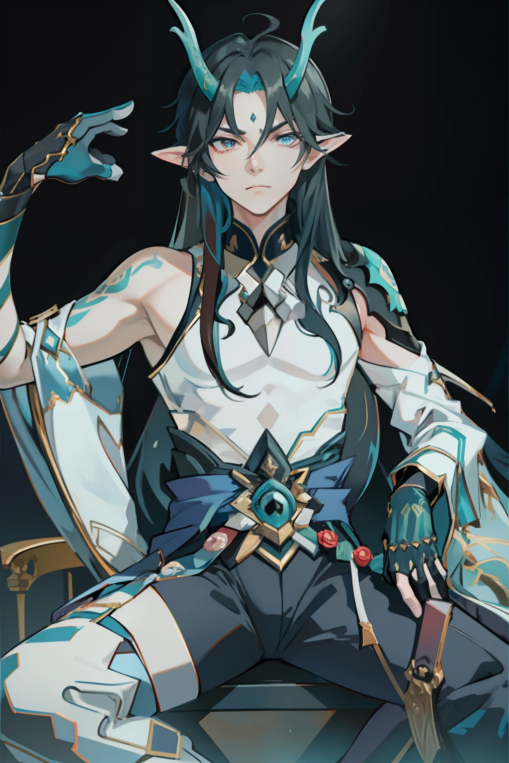（absurderes，A high resolution，Hyper-detailing，hdr），Dragon's horn，younge boy，tmasterpiece，best qualtiy，1人，独奏，Handsome，Golden eyes，Fine eyes and detailed face，toppless，Tattooed with，arma，seated on a throne，Indifferent and arrogant，Abs，chest muscle，Raised sexy，Ruffian，Show your temperament，Male，masculine appeal，Male characteristics are distinct，Long messy hair，Arrogant，self-assured，Sitting majestically on the throne，Pondering，Legs crossed，white pantie，supreme，Lazy，Handsome，
