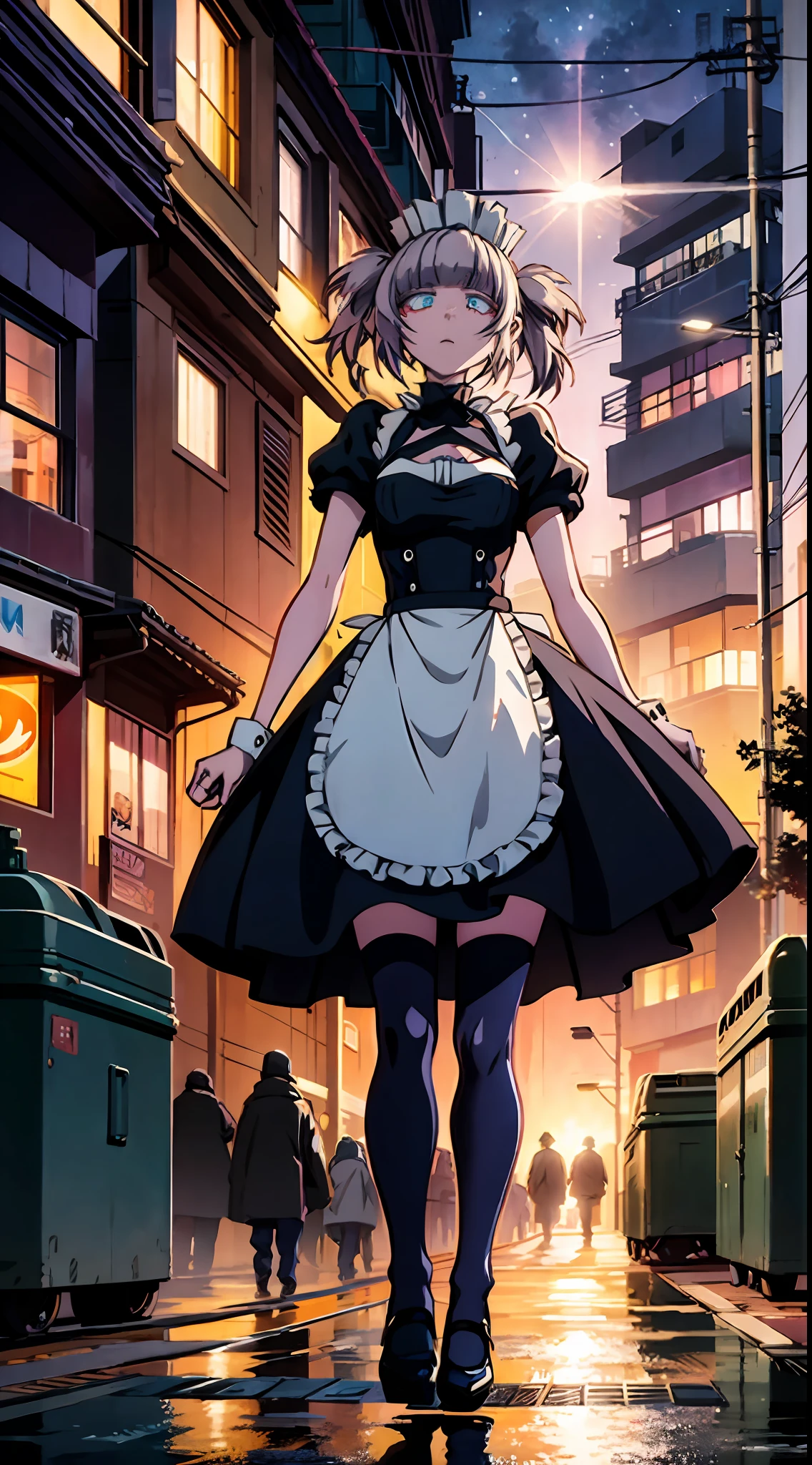 night, colorful cyberpunk city background, rain, street, maid girl, Nazuna Nanakusa,yofukashi no uta, blue eyes, white hair shining eyes, black stockings, backlit, glow, looking up audience, low angle lens, looking up lens, perfect composition, perfect light and shadow delicacy, 8k