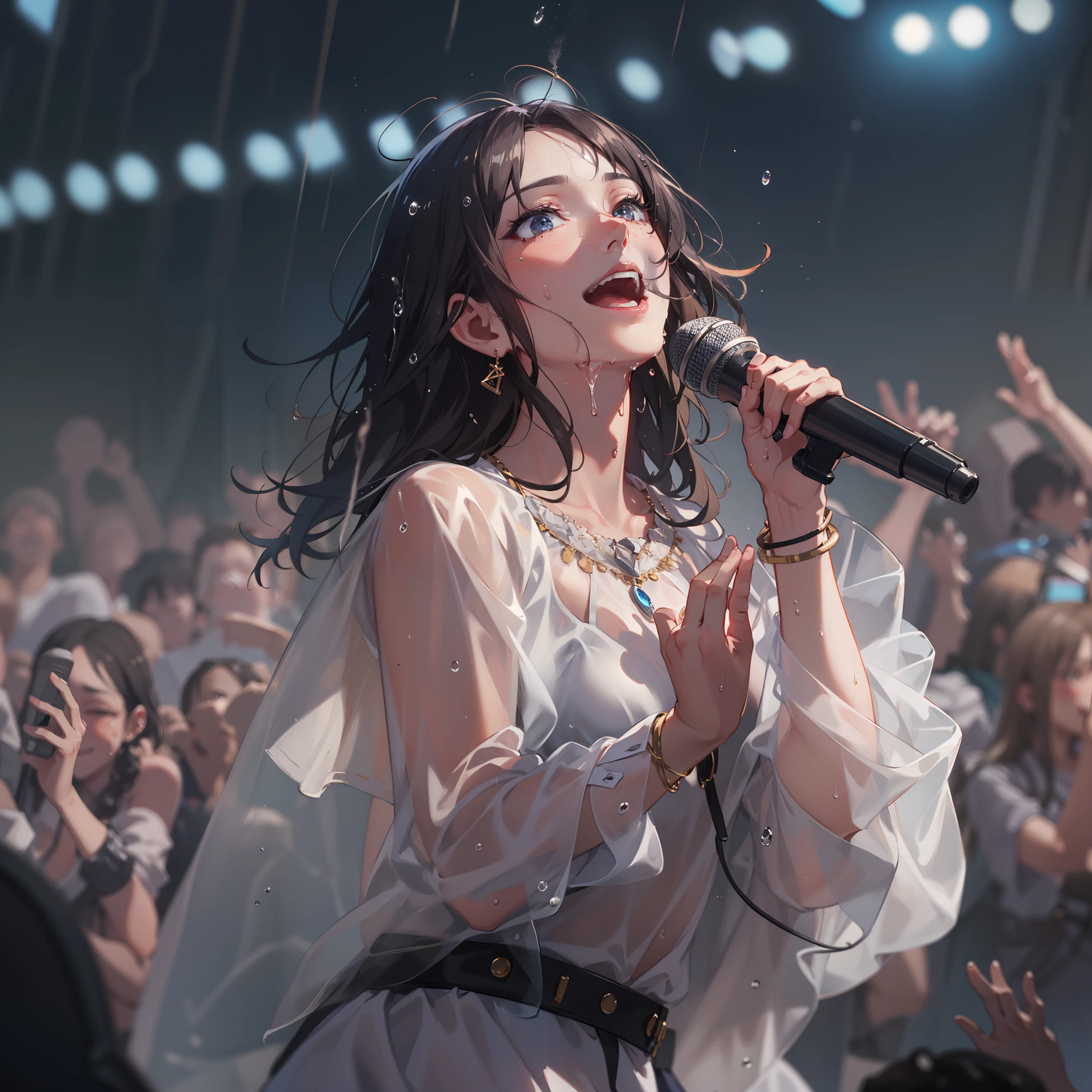 concert,dutch angle shot,low angle,full body shot,medium shot,Wet clothes,Blowing in the wind:1.1,See-through clothes:1.1,wave her hand:1.1,A smile,Idol,Hold the microphone:1.1,Sing a song:1.1,Sweat splashes,swet,4K, (Raw photo: 1.2), (Realism: 1.4), (masutepiece: 1.3), (exquisite detailing: 1.2), Delicate and beautiful details, (Eye Detail), (Facial Detailed), (Highest Quality:1.4),  (very detailed illustration),  Best Quality, Super Resolution,Wide light, natural shadows