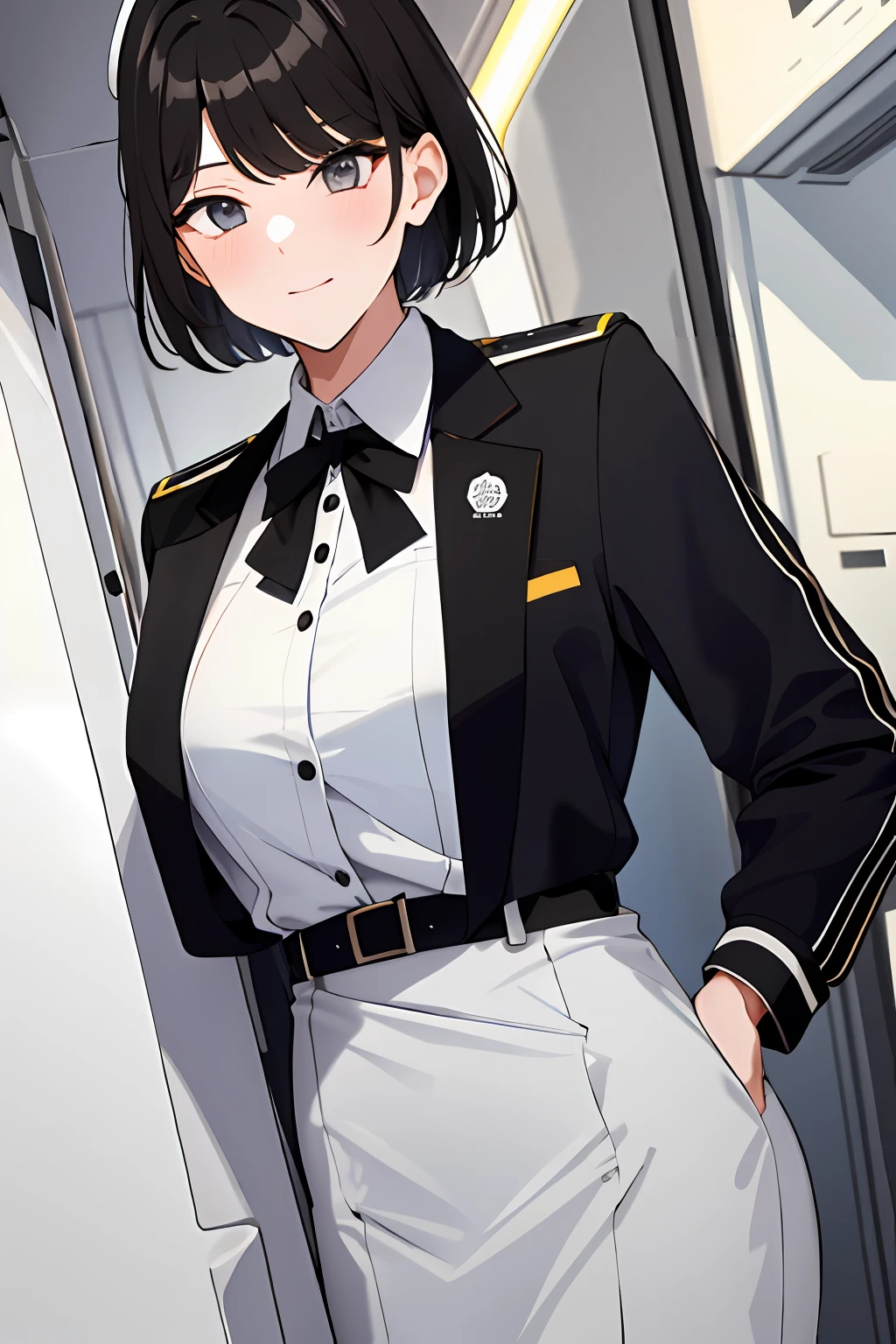 Guli Naza， hentail realism，1girll， 独奏， short detailed hair， mediuml breasts， （Split color hair， Black hair， Dark black hair： 1.3）， Black colored eyes， ssmile， standing on your feet， dynamicposes， 8K， tmasterpiece， best qualtiy， Perfect flight attendant uniform， Women's caps，cinmatic lighting， cowboy lens， white  clothes（flightattendantuniform：1.1）， （kitchens、sobu：1.1），Street photography