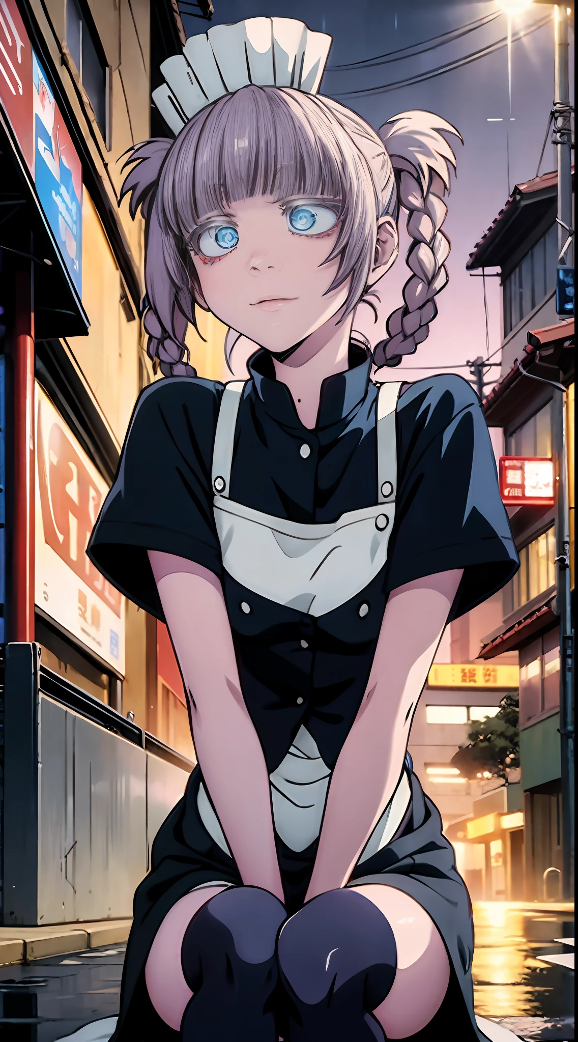 night, colorful cyberpunk city background, rain, street, maid girl, Nazuna Nanakusa,yofukashi no uta, blue eyes, white hair shining eyes, black stockings, backlit, glow, looking up audience, low angle lens, looking up lens, perfect composition, perfect light and shadow delicacy, 8k