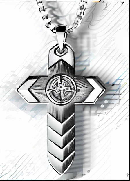 Close up of cross pendant with chain, engraved vector, chainsword in the other, Line Art - N 9, line vector art,drawn in microsoft paint,Few lines and minimalist , Cross Cross, digital line-art
