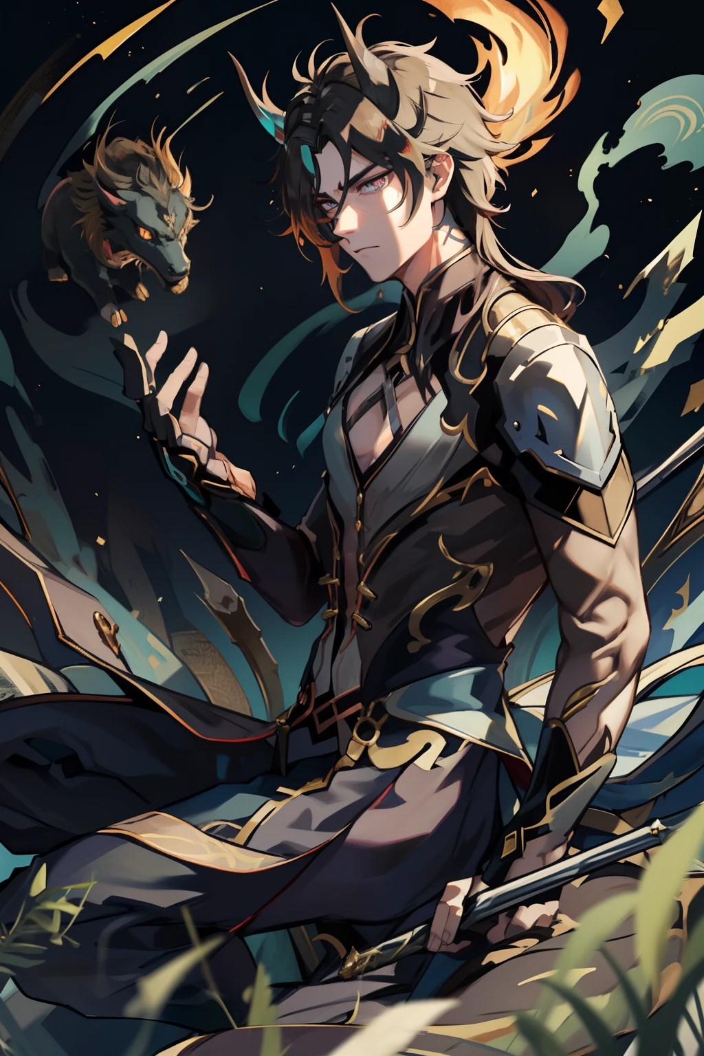 (absurderes,A high resolution,Hyper-detailing,hdr),Dragon's horn,younge boy,tmasterpiece,best qualtiy,1人,独奏,Handsome,Golden eyes,Fine eyes and detailed face,toppless,Tattooed with,arma,Indifferent and arrogant,Abs,chest muscle,Raised sexy,Ruffian,Show your temperament,Male,masculine appeal,Male characteristics are distinct,Long messy hair,Arrogant,self-assured,Majestically holding a spear,Pondering,Legs crossed,white pantie,supreme,Lazy,Handsome,