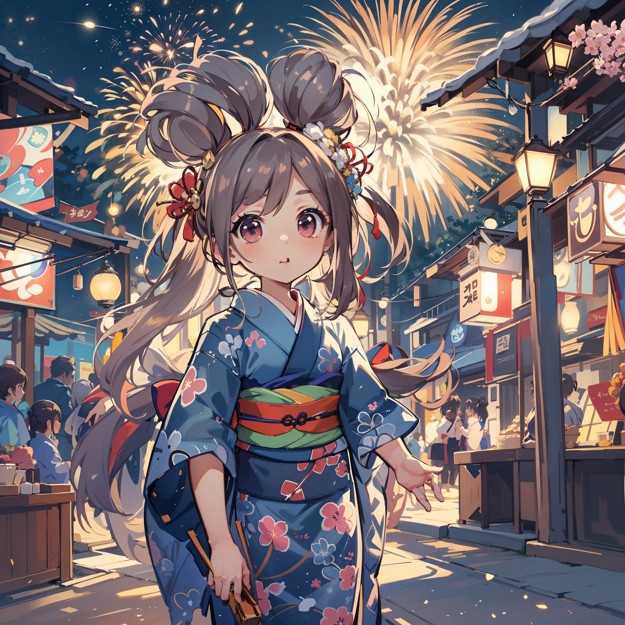 Chibi:1.8,Kimono,Girl in Yukata,Blowing in the wind,Summer Festivals,natta,food stand,Spirit Stream,Big Fireworks:1.7,Fireworks in the night sky:1.8,poneyTail,dutch angle shot,ground-level shot,low angle,full body shot,long shot,(masutepiece: 1.3), (exquisite detailing: 1.2), Delicate and beautiful details, (Eye Detail), (Facial Detailed), (Highest Quality) :1.4), (Hyper-Resolution: 1.2), (very detailed illustration),Best Quality,depth of fields, Wide light, natural shadows