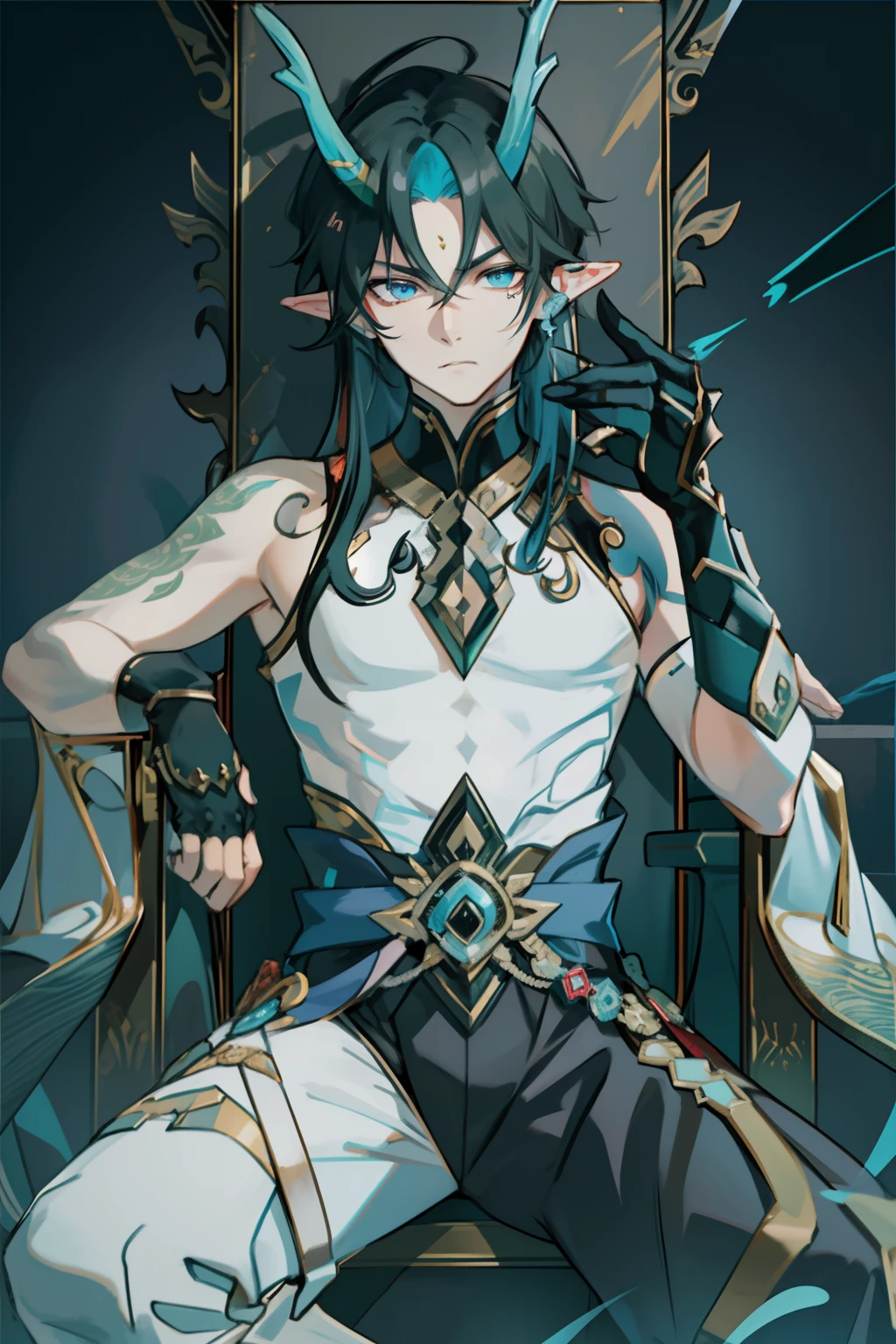 (absurderes,A high resolution,Hyper-detailing,hdr),Dragon's horn,younge boy,tmasterpiece,best qualtiy,1人,独奏,Handsome,Golden eyes,Fine eyes and detailed face,toppless,Tattooed with,arma,seated on a throne,Indifferent and arrogant,Abs,chest muscle,Raised sexy,Ruffian,Show your temperament,Male,masculine appeal,Male characteristics are distinct,Long messy hair,Arrogant,self-assured,Sitting majestically on the throne,Pondering,Legs crossed,white pantie,supreme,Lazy,Handsome,