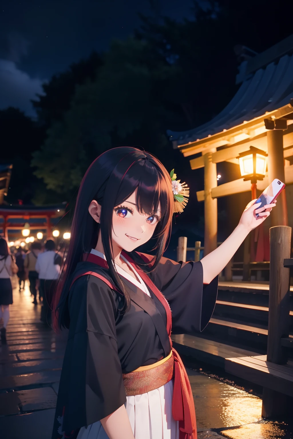 Rustic,tar roads,Tano,Torii,Woman taking pictures,shrine maiden clothe,shrine maiden,A two-dimensional girl in a witch costume smiles at the camera,Tourists flock to the crowd,the night,Brilliantly lit,4K