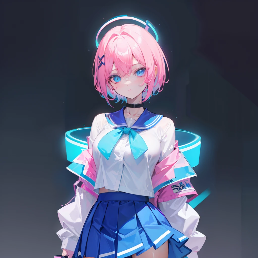 Short hair with a pink gradient blue glowing with fluorescence,Breast enlargement and thin waist are very sexy,Wearing a Korean high school uniform for female high school students and a pleated skirt, she is fluorescent,Body parts are not exposed,This is a cute, cute, lively and lively beautiful girl
