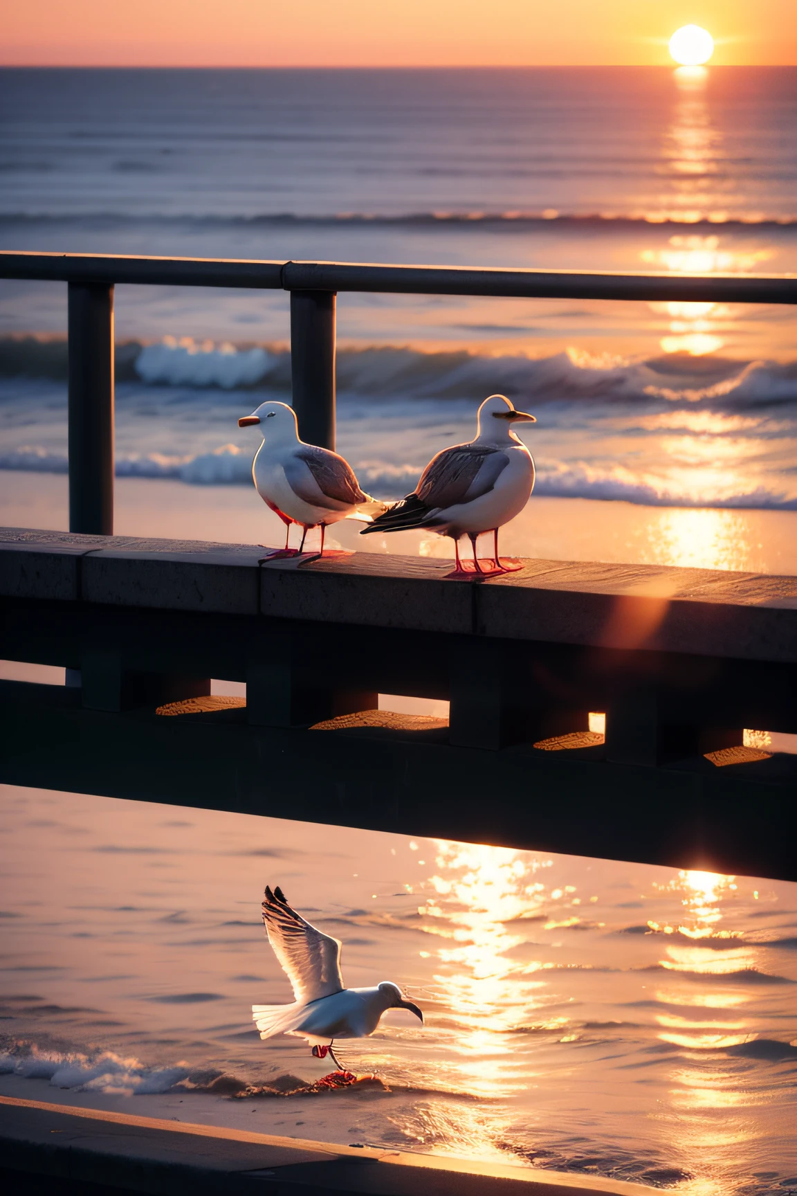 Seagulls standing by the railing watching the seaside sunset