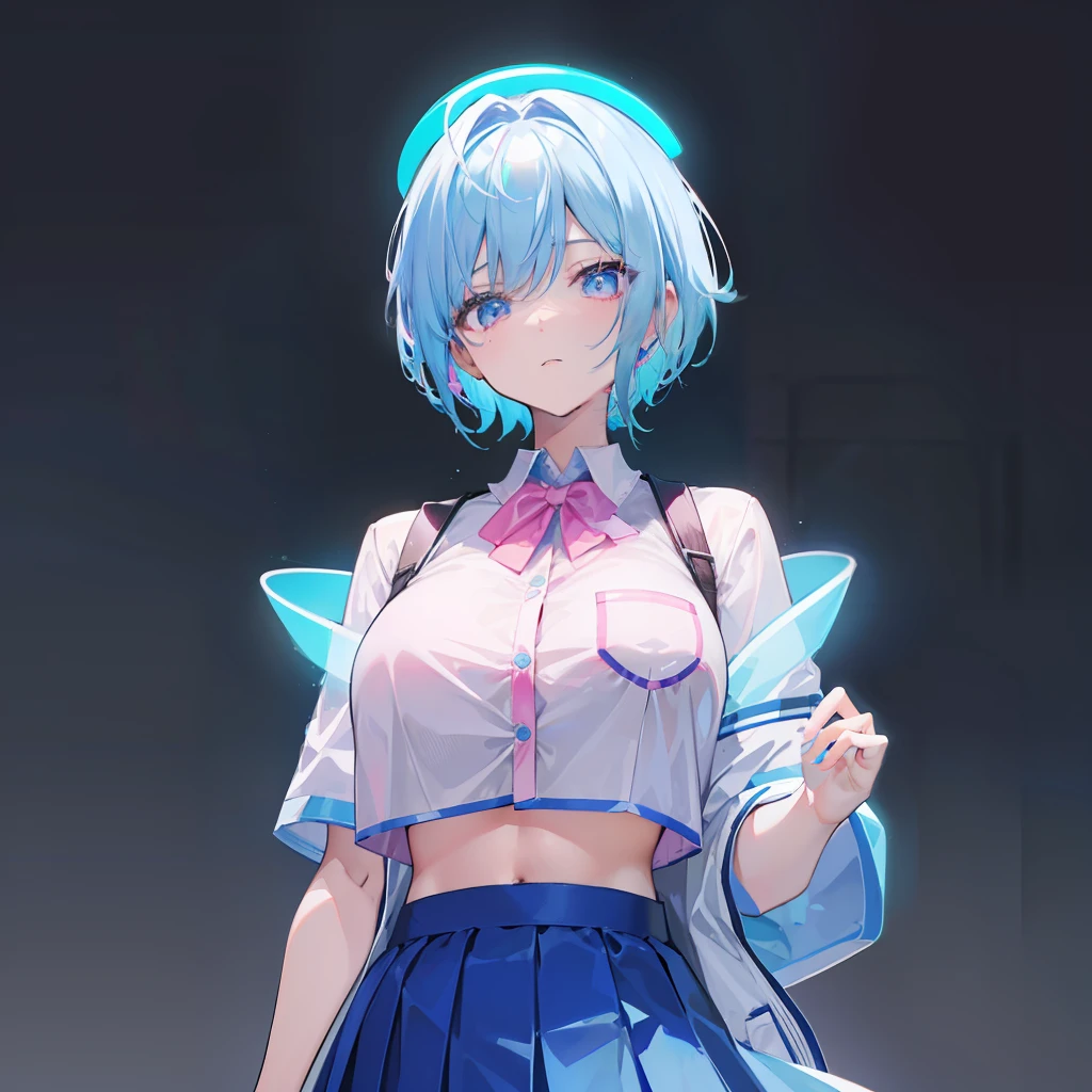 Short hair with a pink gradient blue glowing with fluorescence，Breast enlargement and thin waist are very sexy，Wearing a Korean high school uniform for female high school students and a pleated skirt, she is fluorescent，Body parts are not exposed，This is a cute, cute, lively and lively beautiful girl