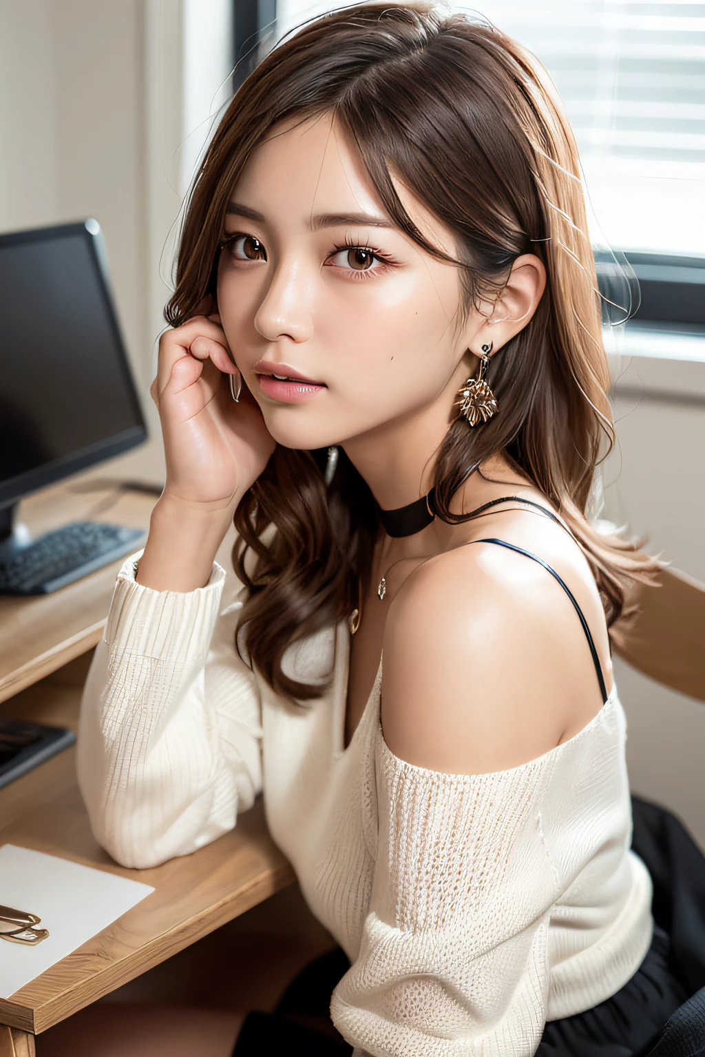 A Classy and Cute girl, {wearing a classy (white) knit sweater}, {(black) (long) ruffled skirt}, close the button, (wearing an employee ID card around the neck),
Detailed eyes, symmetric eyes, Light Brown eyes, Double eyelids, Thin eyebrows, Glossy lips, (serious expression),
medium large breasts, (slender figure:1.1), firm abs, beautiful clavicle,
(Dark blonde hair, wavy hair, long hair), (asymmetrical bangs), (looking sideway at viewer:1.2), (Focus on profile1.2)
BREAK,
Sitting and working with PC inside the office desk, (neat and tidy desk),
in the stylish office at night, ((Full body shot:1.2)), (from side),
BREAK,
(masterpiece:1.3), realistic, photo-realistic, RAW photo, beautiful detailed face, pale skin, realistic glistening skin, detailed cloth texture, detailed hair texture, Perfect body, Beautiful Face, accurate, Anatomically correct, Highly detailed face and skin texture, natural neck length, (beautiful hands), (fair skin:1.2), Thin legs, Thin feet,