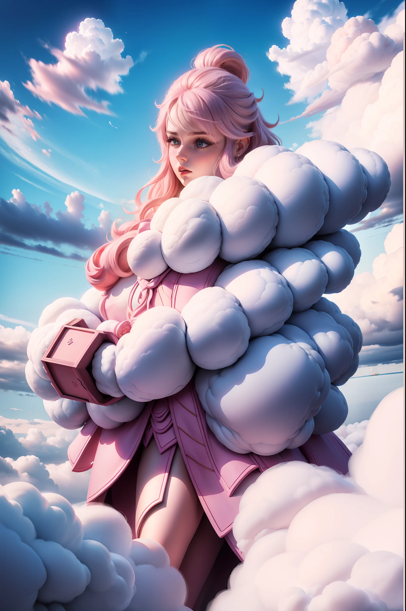 （（best qualtiy））， （（tmasterpiece））， （The is very detailed：1.3）， 3D，Pink white，Cloud distribution，Men and women holding hands，