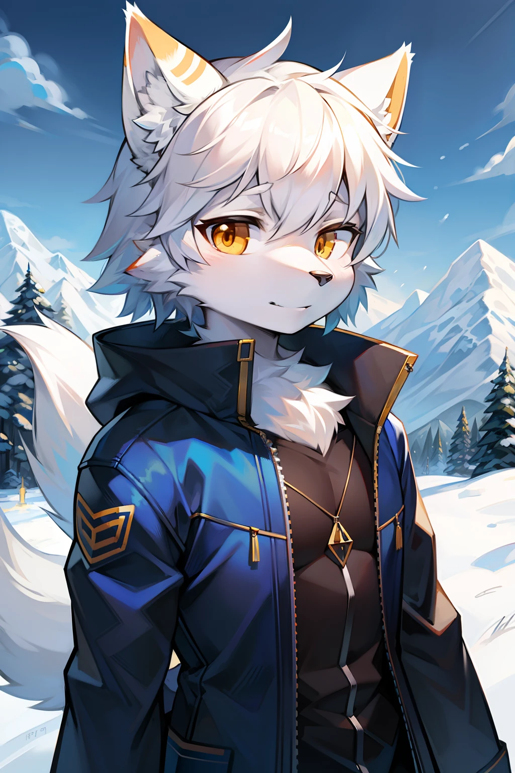 Snowy mountains Snow，full bodyesbian,Young Wolf,人物,tmasterpiece，Blue down jacket,Furry tail,Highest image quality,8K,Full HD background，Cartoony，adolable，komono，male people，a plush，Furry，White fur，White body，blue ear，Orange-yellow eyes，solo person, Wolf tail, Wolf ears, ((half-body portrait)),Soft lines，Soft lines of clothing