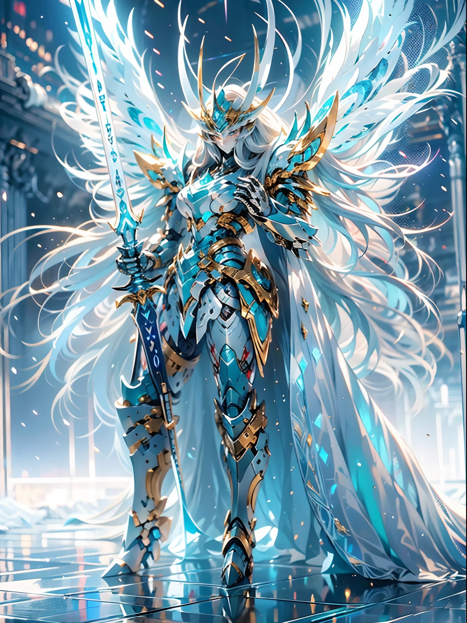 ultra wide shot, full body shot, (masterpiece) ，the best quality， High Quality， （futurism：1.1），delicate and beautiful CG artwork, （A frost paladin holding a legendary Frost sword made of frst and ice, pure, divine, 4k, blue and gold armor）， movie lights， （Exquisite future）， Beautiful and beautiful， Ultra detailed， Great composition， floating， Depth of field， （Very detailed CG，Unity 8k壁纸）， （Beautiful detail background）, (fractal frost patterns behind in background) ， Beautiful hair details， dramatic lights， GOGETTA， mecha，Bestquality，ultrahighres，photorealistic