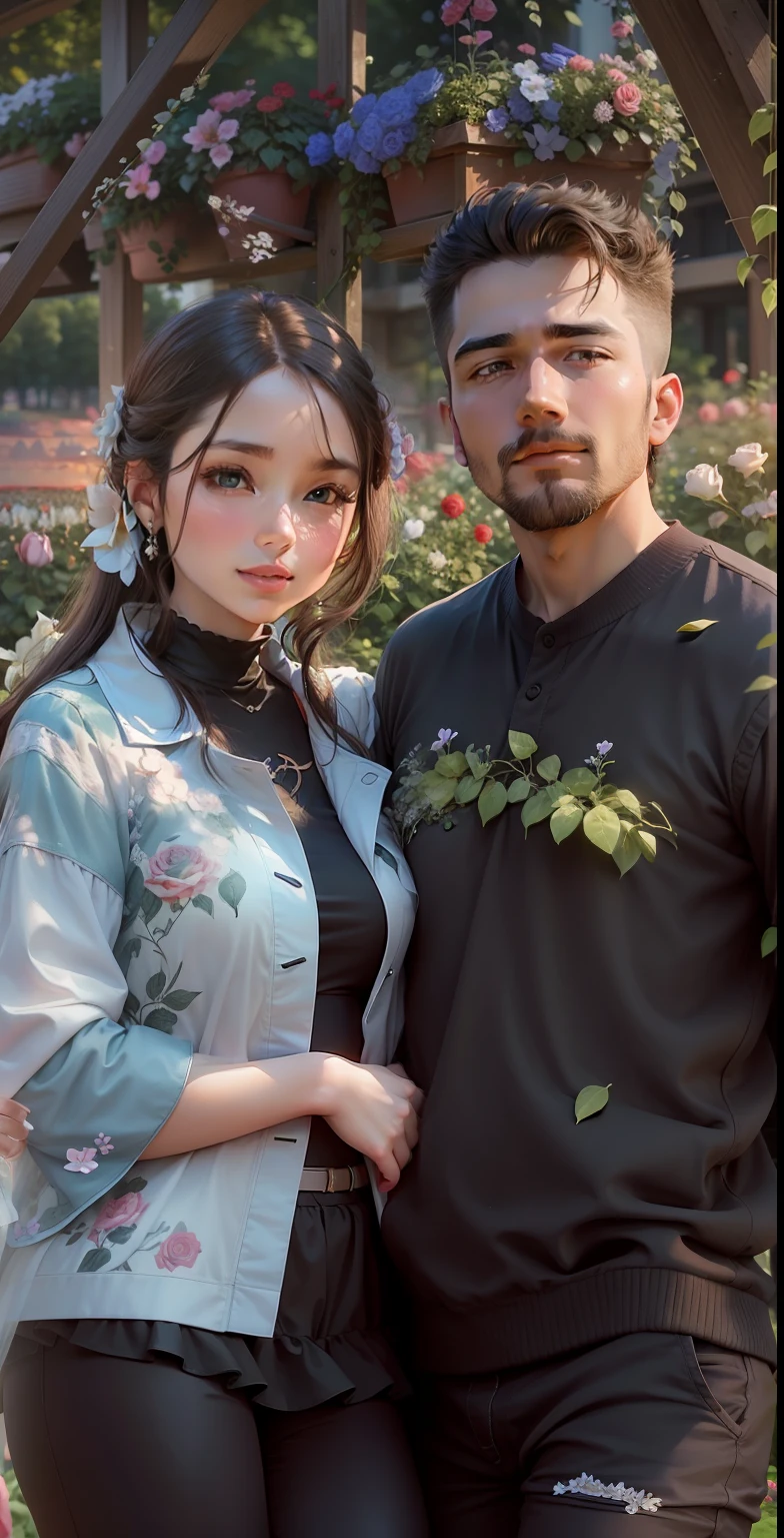 Couples in heaven with the background of a flower garden with roses Lily's and green trees