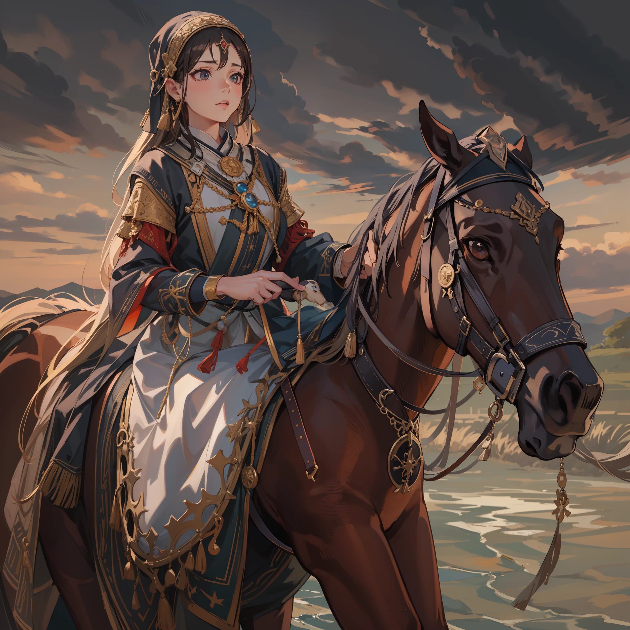 Medieval Central Asian national costume:1.2,low angle:1.5,high angle of view:1.8,Medieval Central Asian nomads:1.5,One Horse and One Girl:1.3,Dynamic horses,Undulating lakes,(4K), (Raw photo: 1.2), (Realism: 1.4), (masutepiece: 1.3), (exquisite detailing: 1.2), Delicate and beautiful details, (Eye Detail), (Facial Detailed), (Highest Quality) :1.4), (Hyper-Resolution: 1.2),(very detailed illustration), Best Quality, depth of fields, Wide light, natural shadows