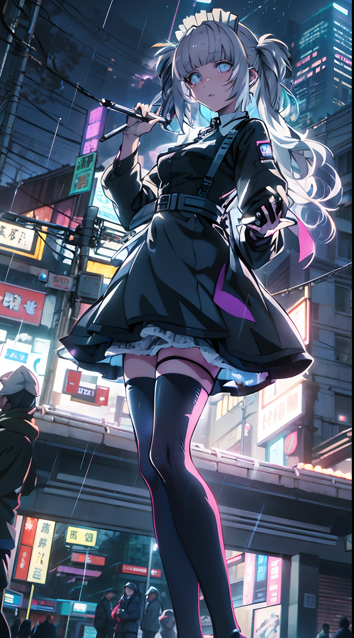night, colorful cyberpunk city background, rain, street, maid girl, Nazuna Nanakusa,yofukashi no uta, blue eyes, white hair shining eyes, black stockings, backlit, glow, looking up audience, low angle lens, looking up lens, perfect composition, perfect light and shadow delicacy, 8k