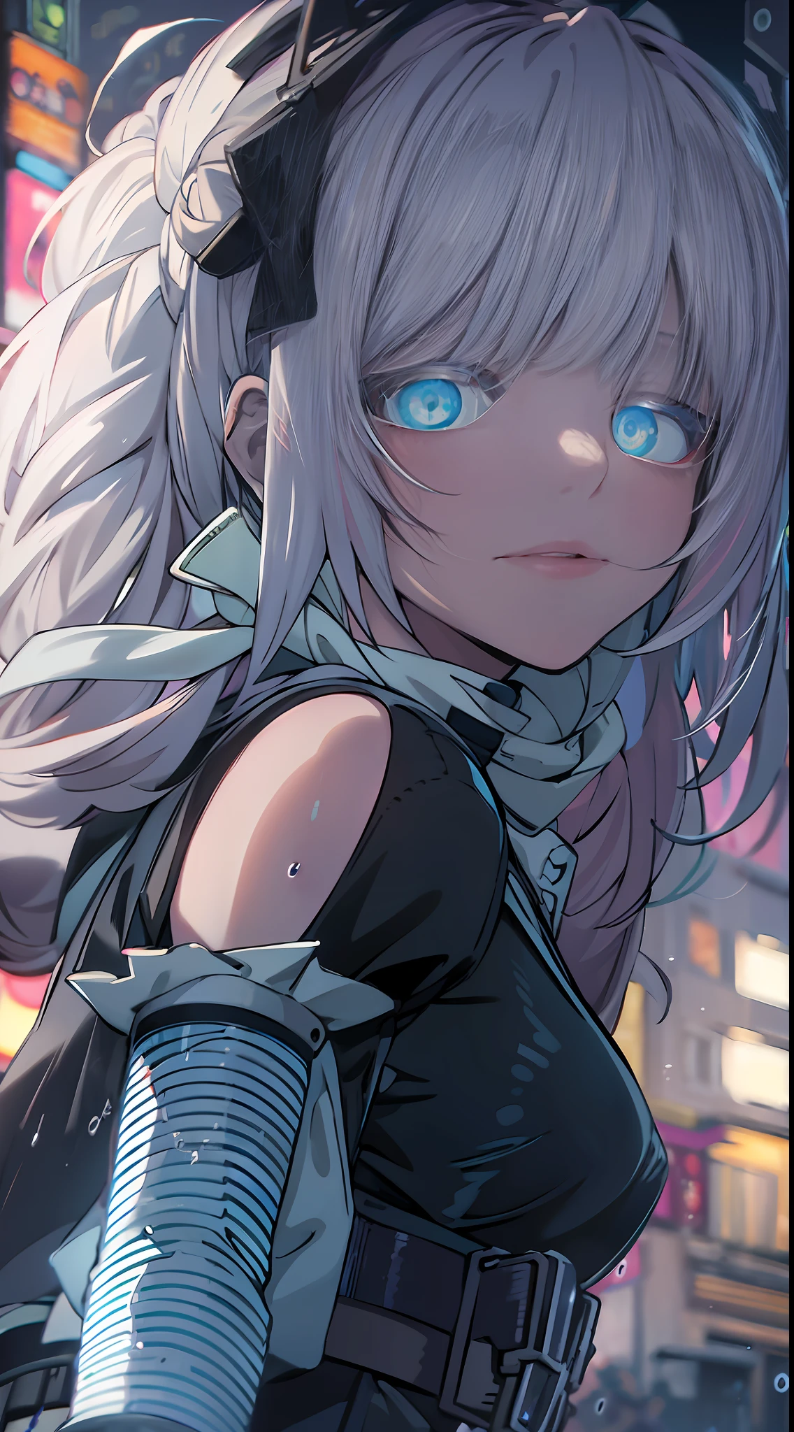 night, colorful cyberpunk city background, rain, street, maid girl, Nazuna Nanakusa,yofukashi no uta, blue eyes, white hair shining eyes, black stockings, backlit, glow, looking up audience, low angle lens, looking up lens, perfect composition, perfect light and shadow delicacy, 8k