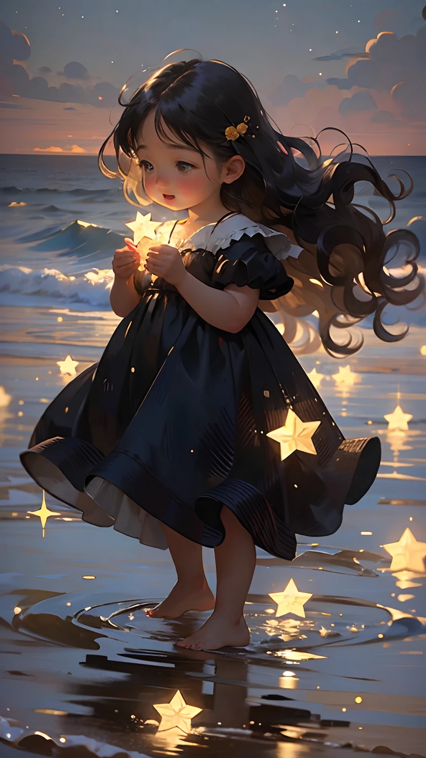 (((Masterpiece: 1.2, Realistic: 1.37, Ultra-high resolution))), Female model, Fair skin, Long curly hair, Blue dress, girl by the sea, Rose petals everywhere, High contrast, Dynamic, Soft focus, Night, stars, Starry sky, Sea,high qulity,highest quality,((There are no three feet)),((There are no six fingers))