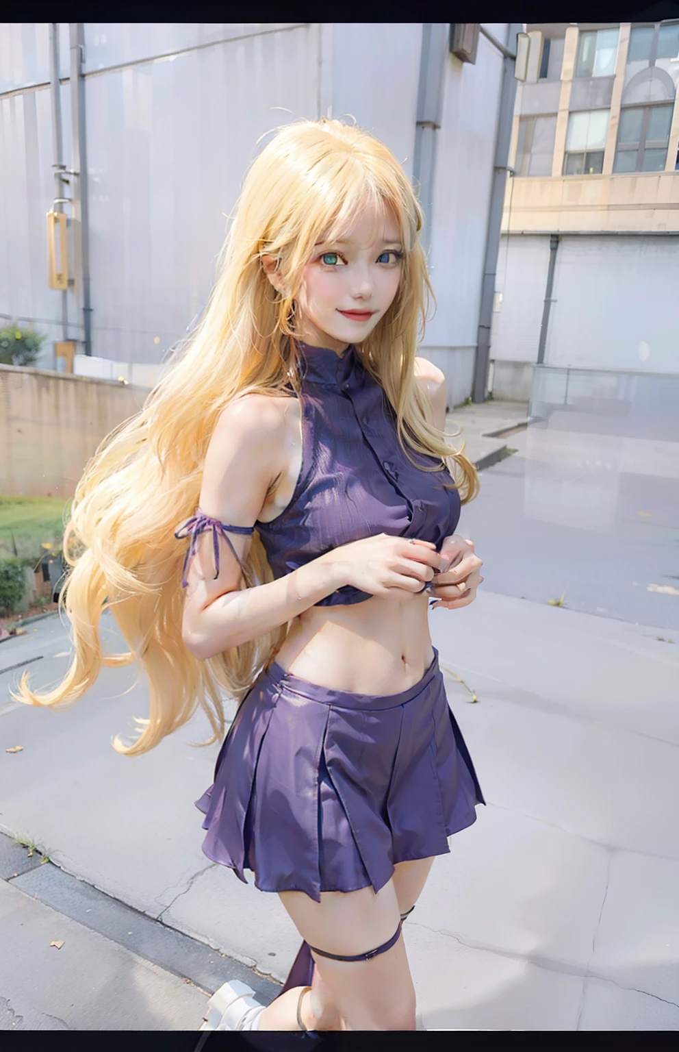 1girl, yamanaka ino, long hair, sexy dress, yellow hair, blue eyes, smile, beautiful, purple clothes, very big breast, sexy clothes, outdoor background, ultra detail, realistic