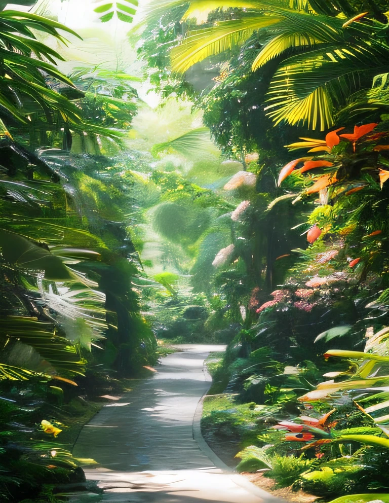 Trails through lush green forests,flowers blooming, beautiful jungle, magical jungle, fantasy jungle, floral environment, blossoming path to heaven, in a tropical forest, lush jungle, in a highly detailed jungle, tropical forest, lush trees and flowers, on a planet of lush foliage, lush surroundings, Lush surroundings, pathway, breath-taking, lush exotic vegetation