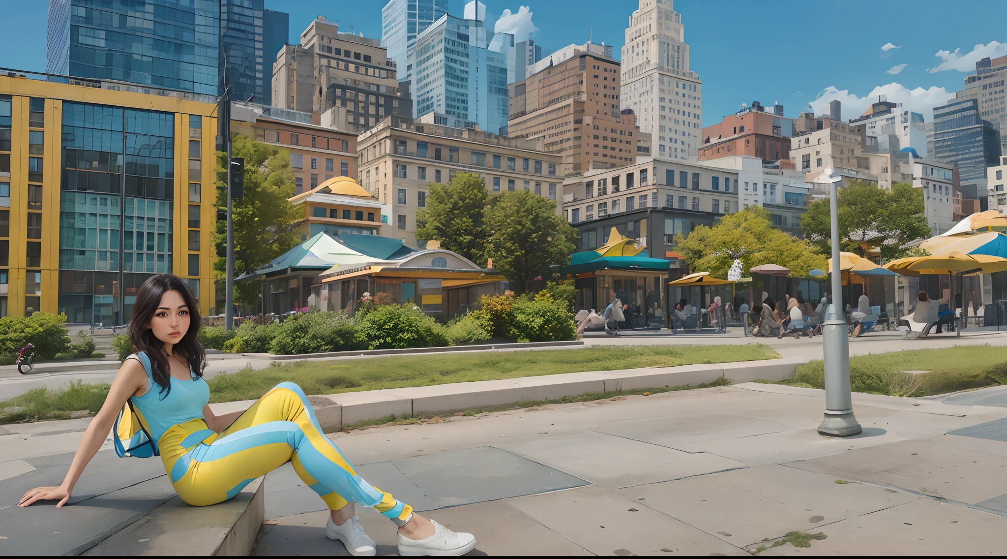 woman sitting on a bench in a city park with buildings in the background, stunning woman, beautiful mexican woman, in style of joel meyerowitz, in the middle of the city, in a city square, sitting on a miniature city, floating over a city sidewalk, with yellow cloths, very artistic pose, in the middle of new york, standing in a city center, artistic pose, in the city, ((Best quality)), ((masterpiece)), (detailed: 1.4)