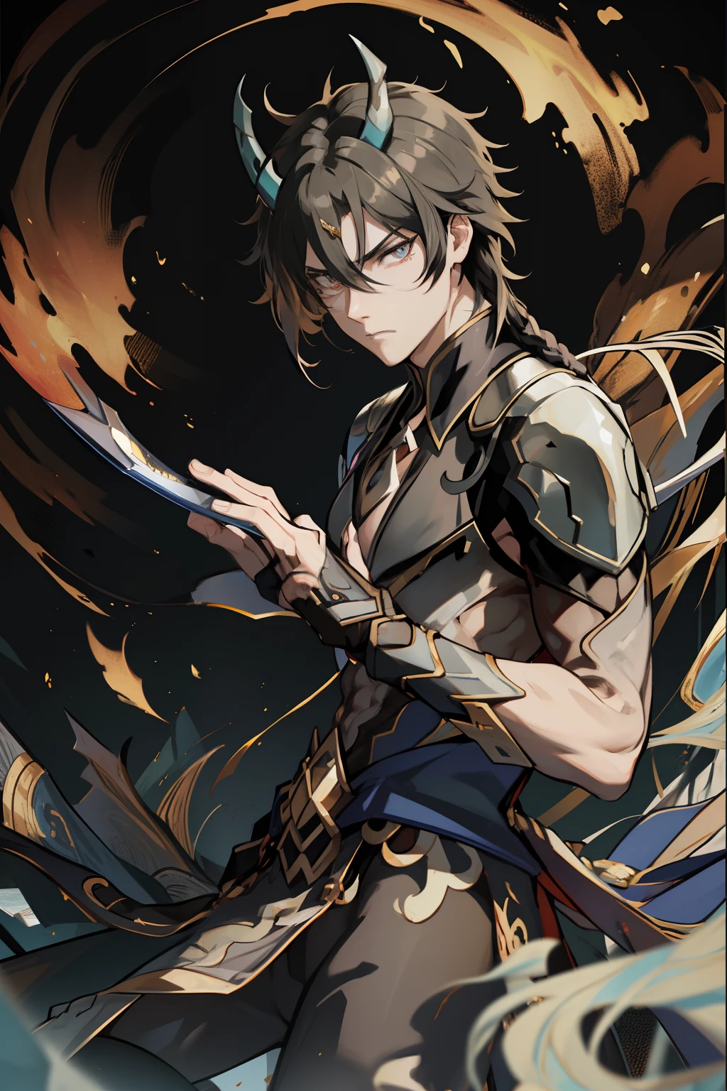 (absurderes,A high resolution,Hyper-detailing,hdr),Dragon's horn,younge boy,tmasterpiece,best qualtiy,1人,独奏,Handsome,Golden eyes,Fine eyes and detailed face,toppless,Tattooed with,arma,Indifferent and arrogant,Abs,chest muscle,Raised sexy,Ruffian,Show your temperament,Male,masculine appeal,Male characteristics are distinct,Long messy hair,Arrogant,self-assured,Majestically holding a spear,Pondering,Legs crossed,white pantie,supreme,Lazy,Handsome,