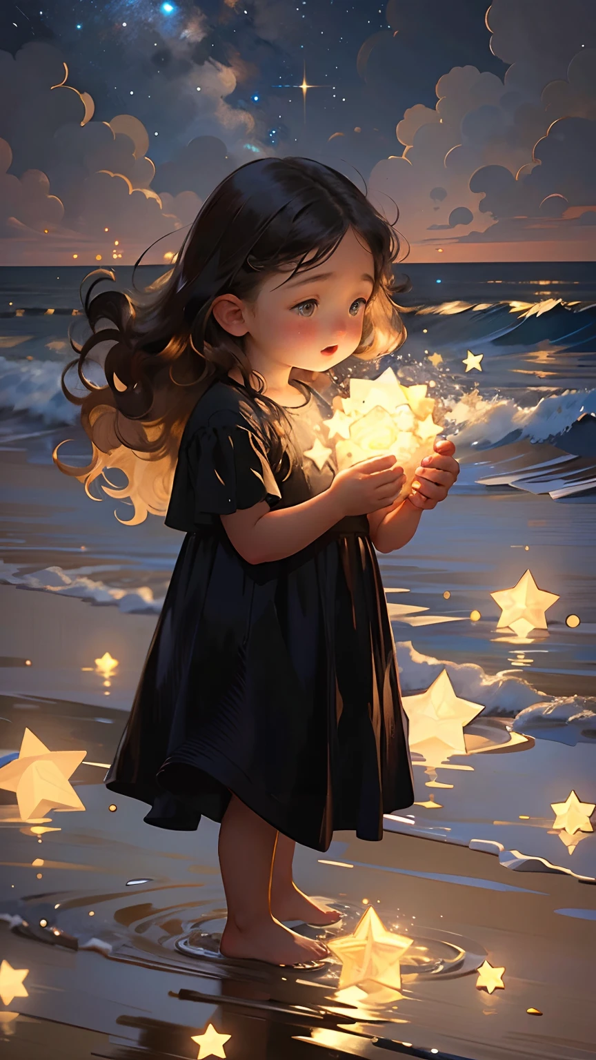 (((Masterpiece: 1.2, Realistic: 1.37, Ultra-high resolution))), Female model, Fair skin, Long curly hair, Blue dress, Little girl by the sea, Rose petals everywhere, High contrast, Dynamic, Soft focus, Night, stars, Starry sky, Sea,high qulity，highest  quality，((There are no three feet)),((There are no six fingers))